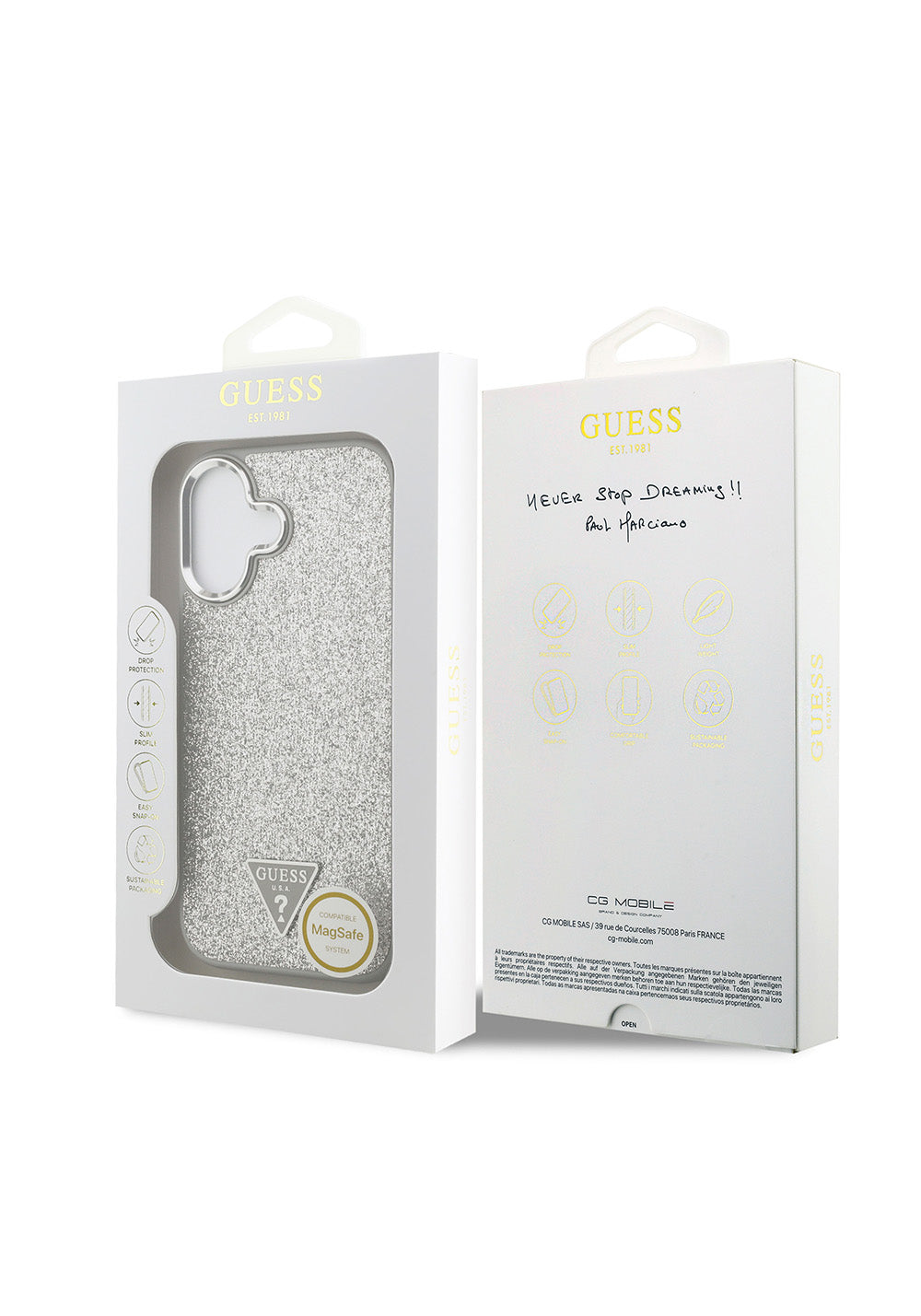 Apple iPhone 17 Kılıf Guess Orijinal Lisanslı Manyetik Şarj Uyumlu Metal Kamera Çerçeveli Üçgen Logolu Glitter Kapak