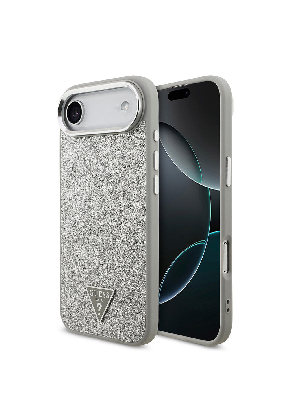 Apple iPhone 17 Air Kılıf Guess Orijinal Lisanslı Manyetik Şarj Uyumlu Metal Kamera Çerçeveli Üçgen Logolu Glitter Kapak