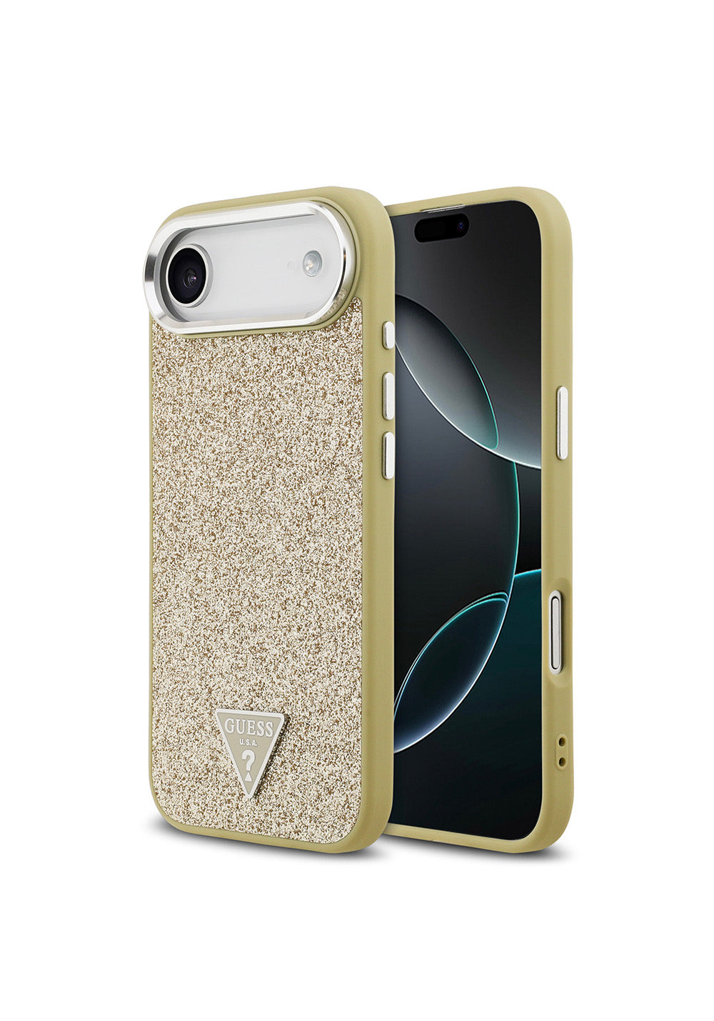 Apple iPhone 17 Air Kılıf Guess Orijinal Lisanslı Manyetik Şarj Uyumlu Metal Kamera Çerçeveli Üçgen Logolu Glitter Kapak