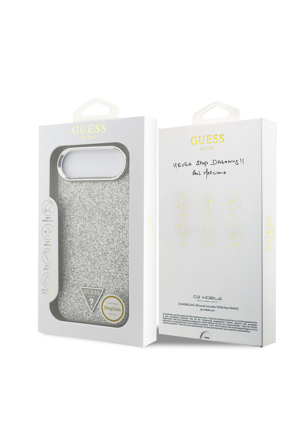 Apple iPhone 17 Air Kılıf Guess Orijinal Lisanslı Manyetik Şarj Uyumlu Metal Kamera Çerçeveli Üçgen Logolu Glitter Kapak