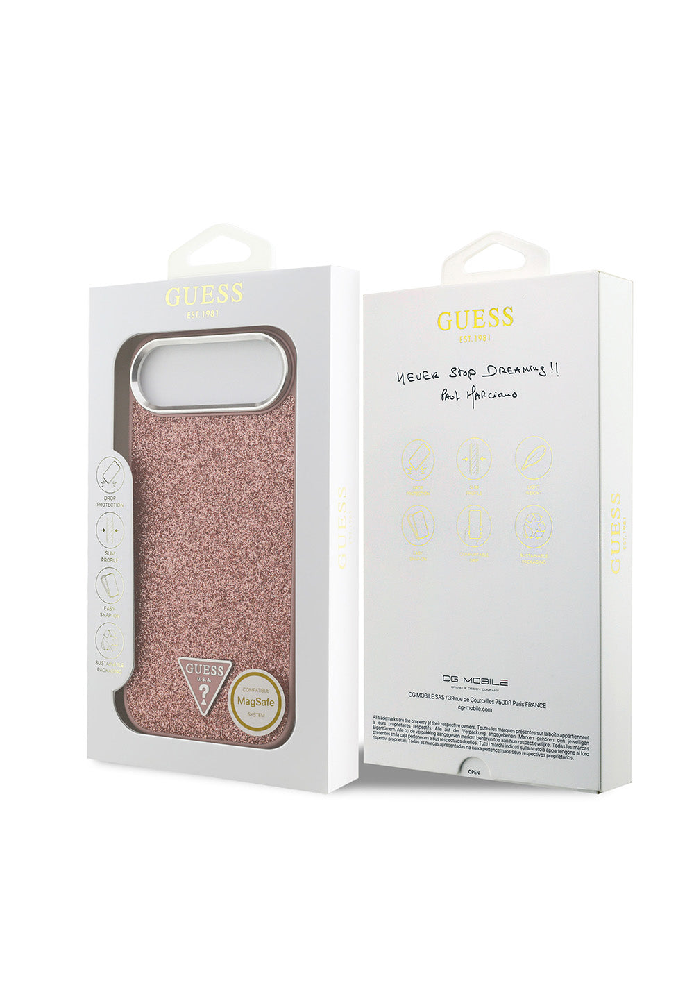 Apple iPhone 17 Air Kılıf Guess Orijinal Lisanslı Manyetik Şarj Uyumlu Metal Kamera Çerçeveli Üçgen Logolu Glitter Kapak