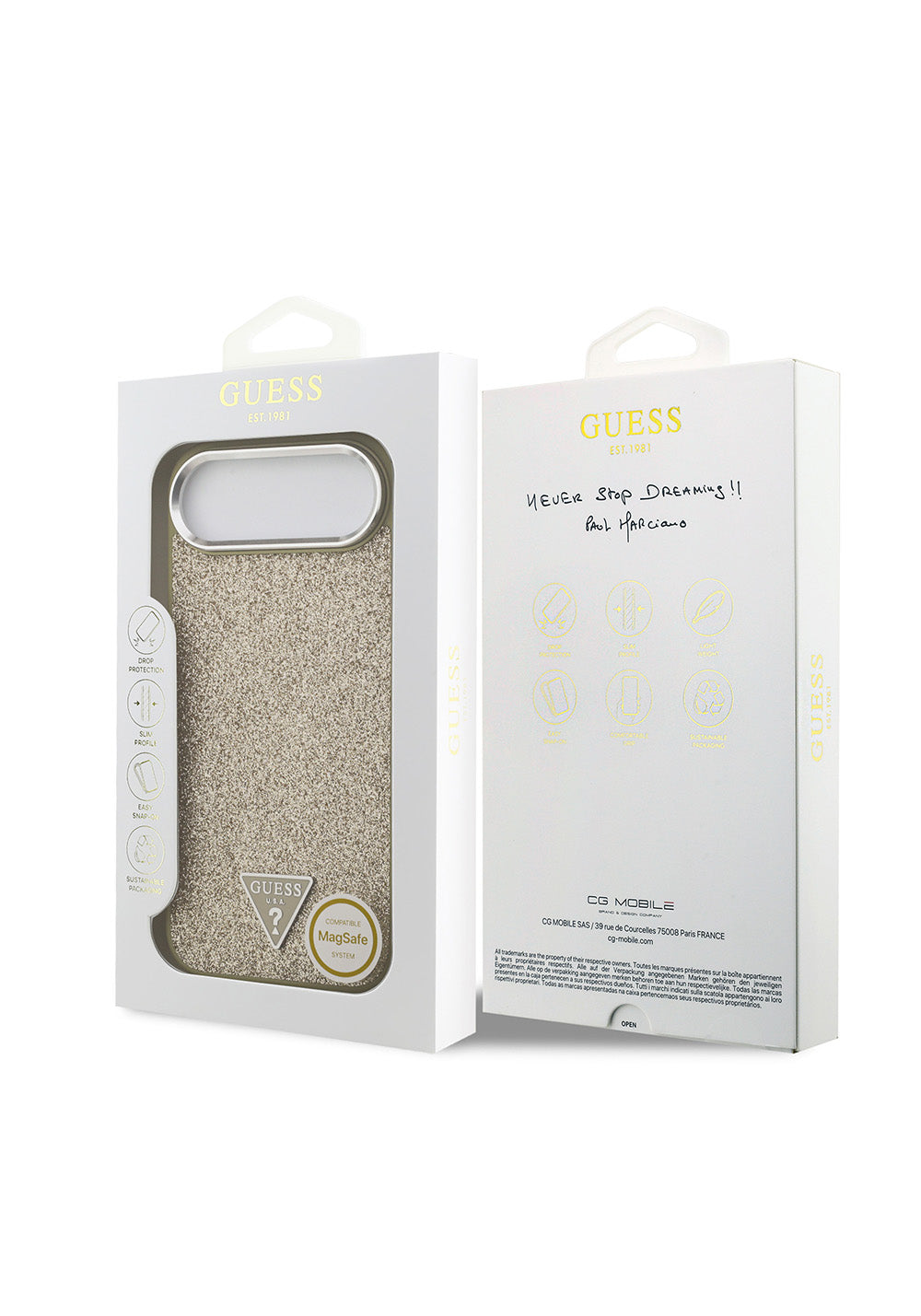 Apple iPhone 17 Air Kılıf Guess Orijinal Lisanslı Manyetik Şarj Uyumlu Metal Kamera Çerçeveli Üçgen Logolu Glitter Kapak