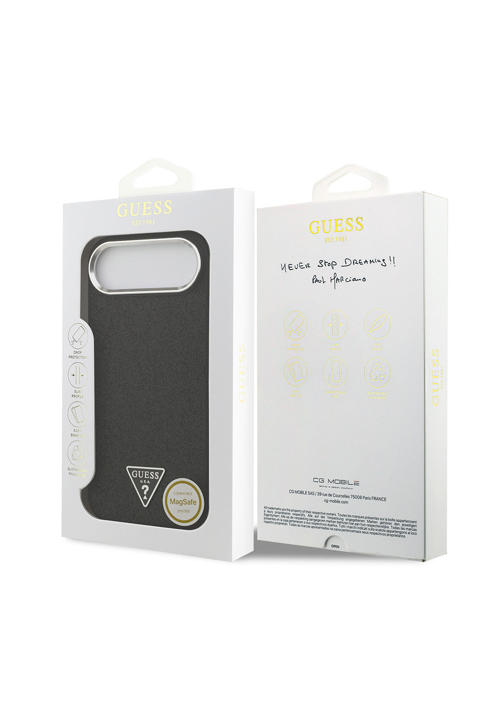 Apple iPhone 17 Air Kılıf Guess Orijinal Lisanslı Manyetik Şarj Uyumlu Metal Kamera Çerçeveli Üçgen Logolu Glitter Kapak