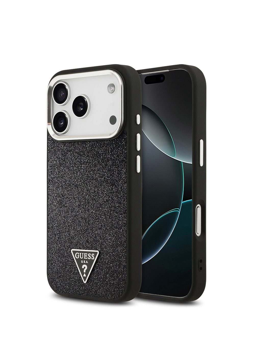 Apple iPhone 17 Pro Kılıf Guess Orijinal Lisanslı Manyetik Şarj Uyumlu Metal Kamera Çerçeveli Üçgen Logolu Glitter Kapak