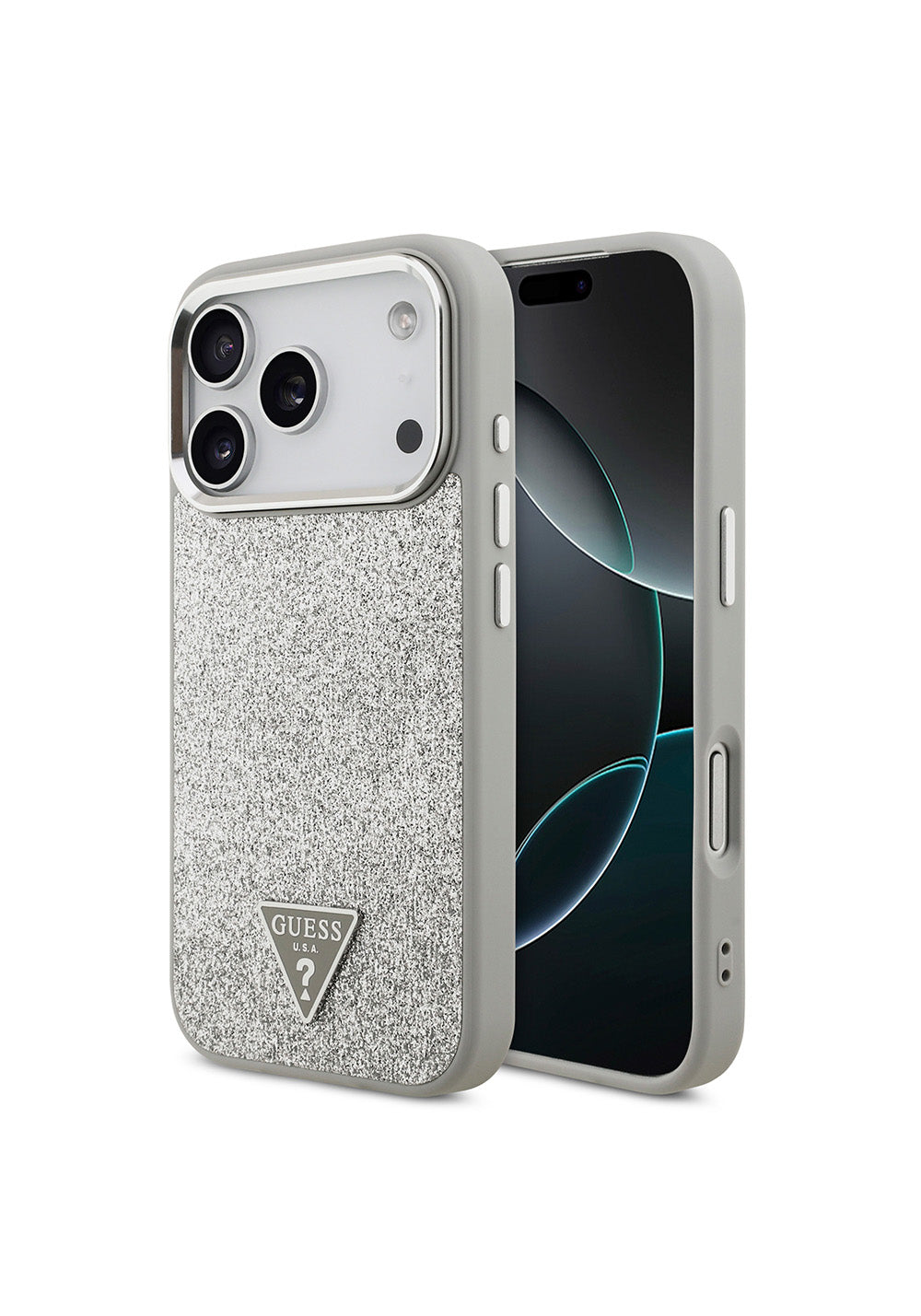 Apple iPhone 17 Pro Kılıf Guess Orijinal Lisanslı Manyetik Şarj Uyumlu Metal Kamera Çerçeveli Üçgen Logolu Glitter Kapak
