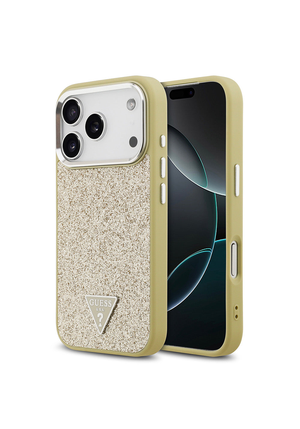 Apple iPhone 17 Pro Kılıf Guess Orijinal Lisanslı Manyetik Şarj Uyumlu Metal Kamera Çerçeveli Üçgen Logolu Glitter Kapak