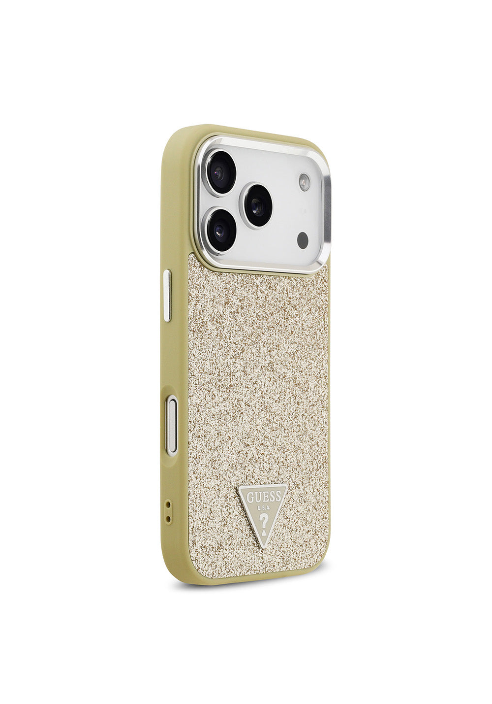 Apple iPhone 17 Pro Kılıf Guess Orijinal Lisanslı Manyetik Şarj Uyumlu Metal Kamera Çerçeveli Üçgen Logolu Glitter Kapak