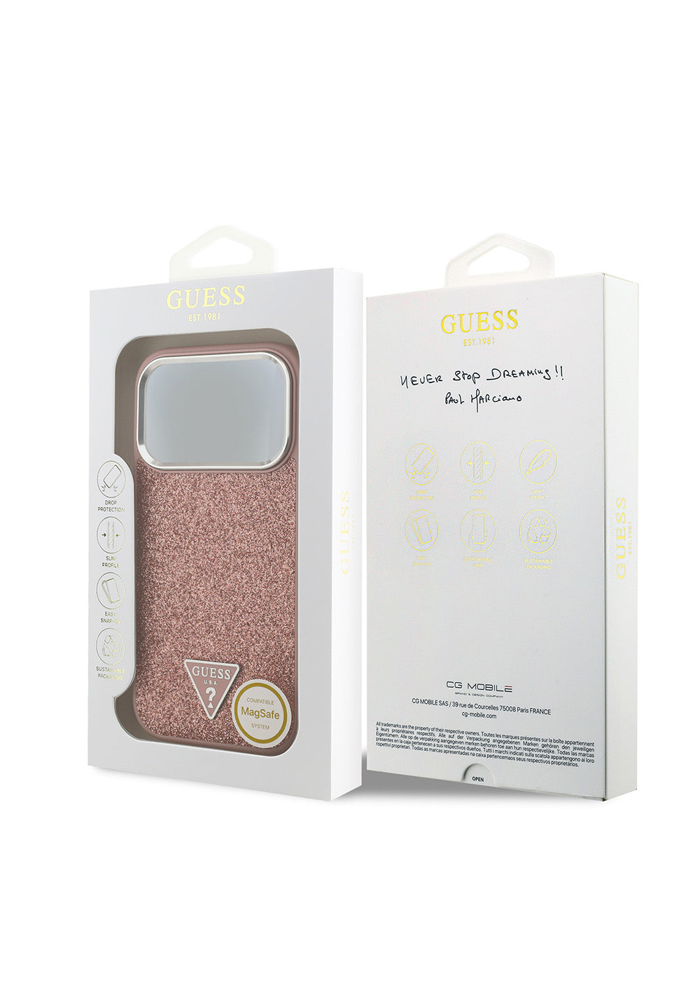 Apple iPhone 17 Pro Kılıf Guess Orijinal Lisanslı Manyetik Şarj Uyumlu Metal Kamera Çerçeveli Üçgen Logolu Glitter Kapak