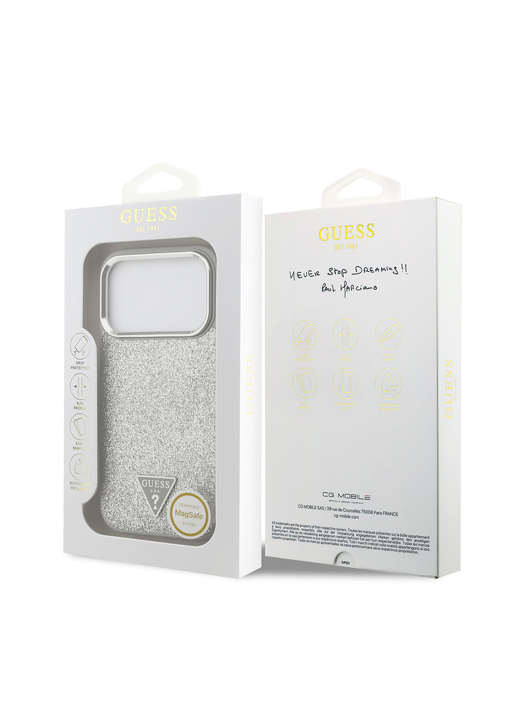 Apple iPhone 17 Pro Kılıf Guess Orijinal Lisanslı Manyetik Şarj Uyumlu Metal Kamera Çerçeveli Üçgen Logolu Glitter Kapak