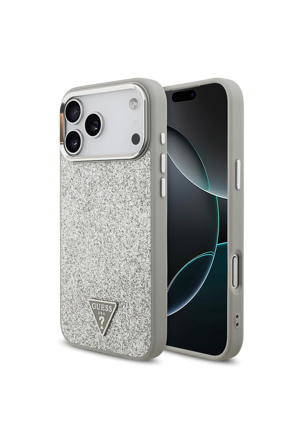 Apple iPhone 17 Pro Max Kılıf Guess Orijinal Lisanslı Manyetik Şarj Uyumlu Metal Kamera Çerçeveli Üçgen Logolu Glitter Kapak