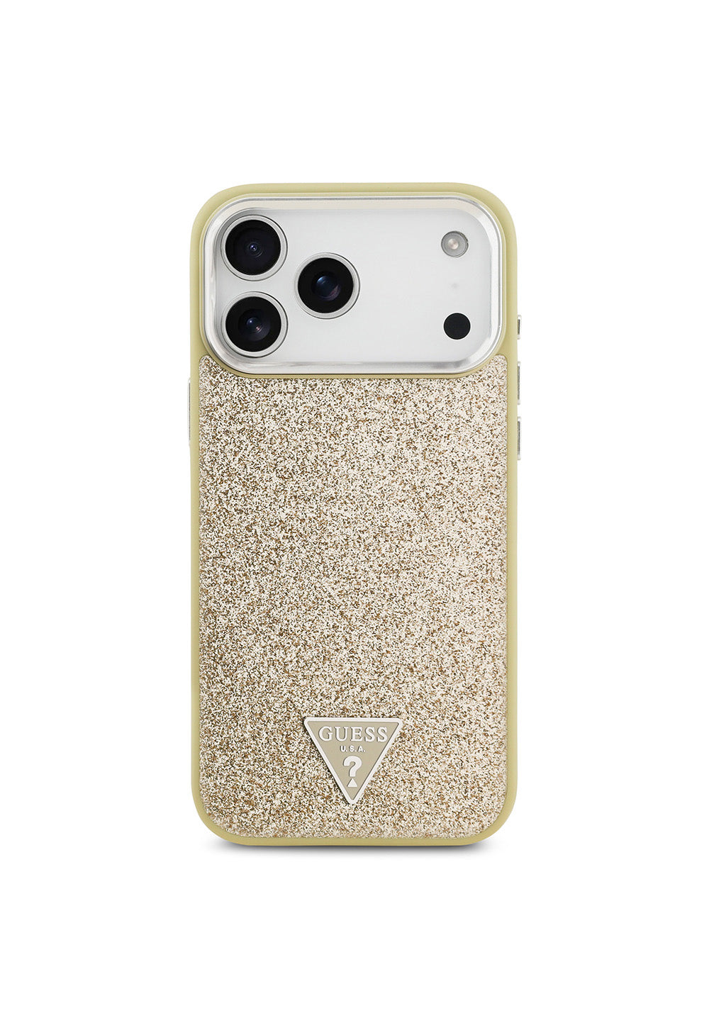 Apple iPhone 17 Pro Max Kılıf Guess Orijinal Lisanslı Manyetik Şarj Uyumlu Metal Kamera Çerçeveli Üçgen Logolu Glitter Kapak