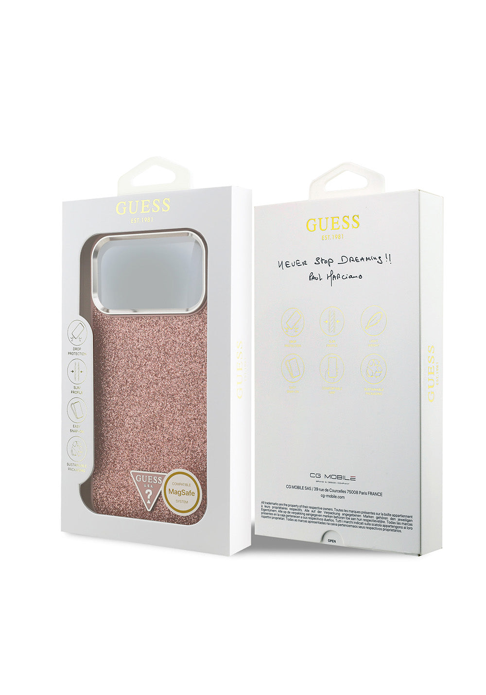 Apple iPhone 17 Pro Max Kılıf Guess Orijinal Lisanslı Manyetik Şarj Uyumlu Metal Kamera Çerçeveli Üçgen Logolu Glitter Kapak