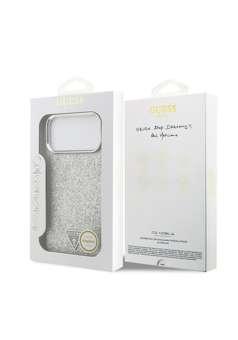 Apple iPhone 17 Pro Max Kılıf Guess Orijinal Lisanslı Manyetik Şarj Uyumlu Metal Kamera Çerçeveli Üçgen Logolu Glitter Kapak