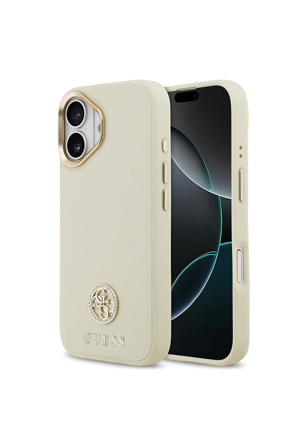 Apple iPhone 17 Kılıf Guess Orijinal Lisanslı Manyetik Şarj Uyumlu Grained Yazı ve Taşlı 4G Logolu Kapak