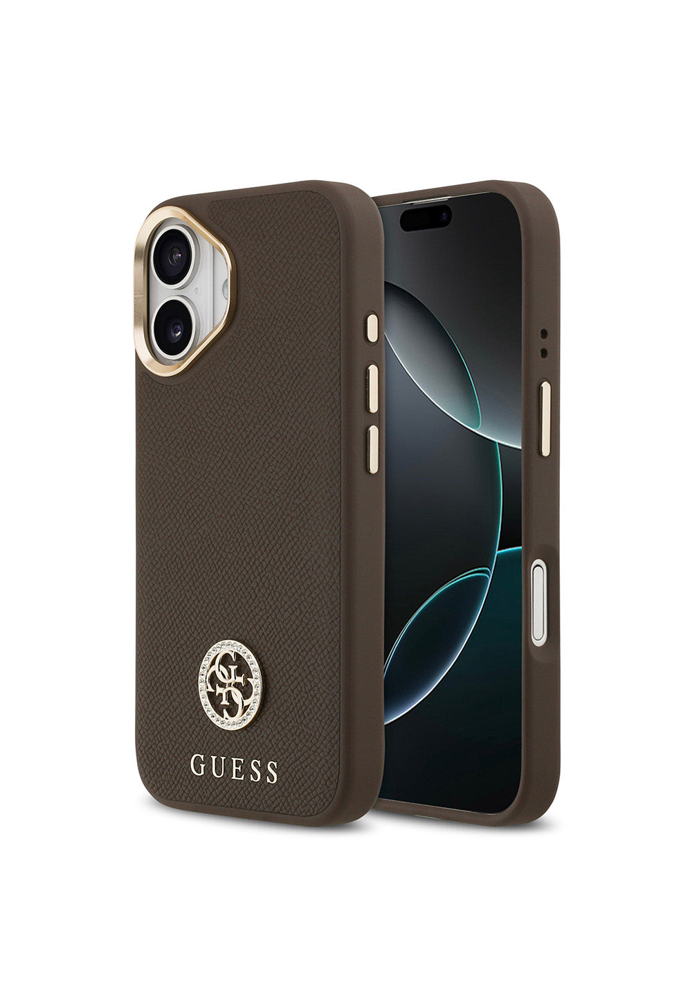 Apple iPhone 17 Kılıf Guess Orijinal Lisanslı Manyetik Şarj Uyumlu Grained Yazı ve Taşlı 4G Logolu Kapak