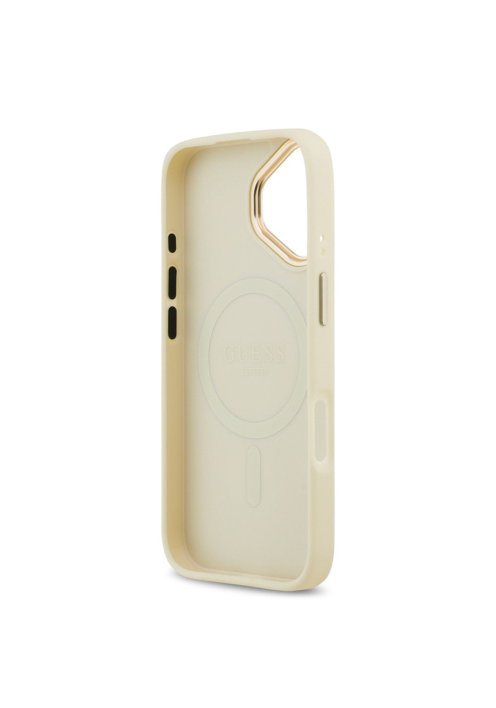 Apple iPhone 17 Kılıf Guess Orijinal Lisanslı Manyetik Şarj Uyumlu Grained Yazı ve Taşlı 4G Logolu Kapak