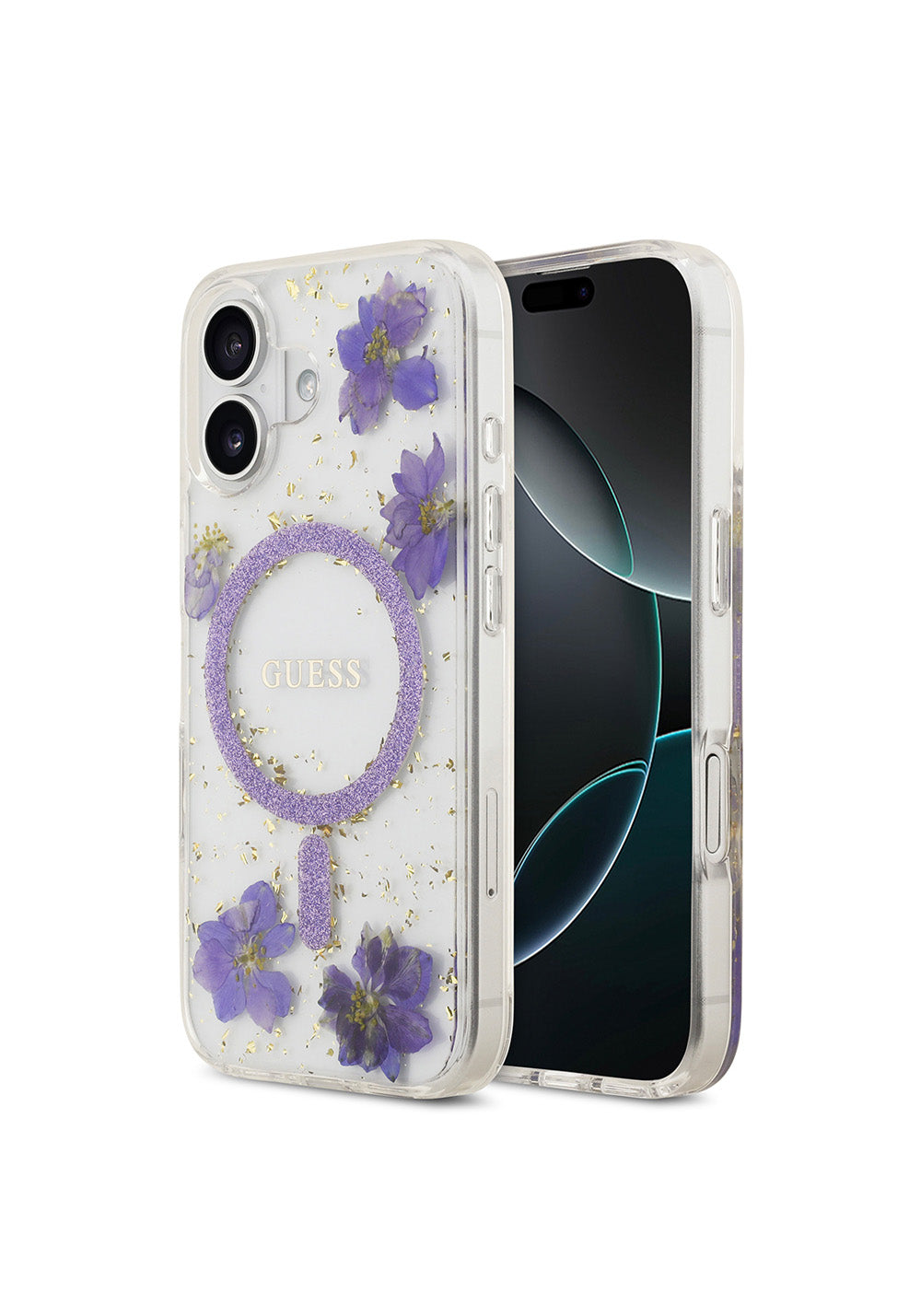 Apple iPhone 17 Kılıf Guess Orijinal Lisanslı Manyetik Şarj Uyumlu Transparan Resin Flowers Kapak