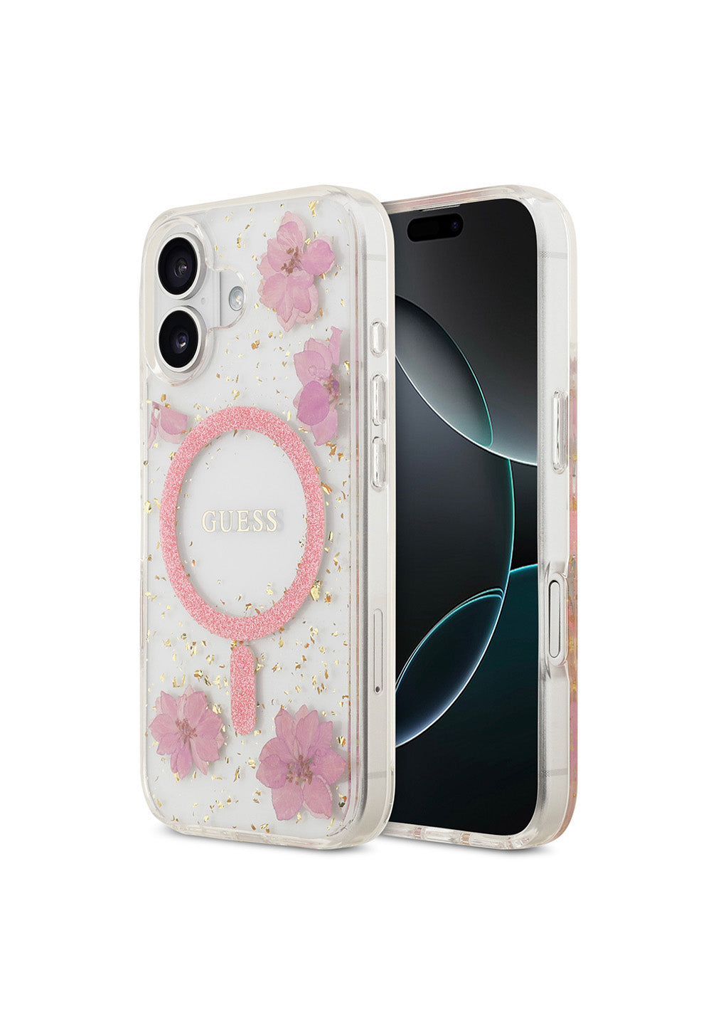 Apple iPhone 17 Kılıf Guess Orijinal Lisanslı Manyetik Şarj Uyumlu Transparan Resin Flowers Kapak