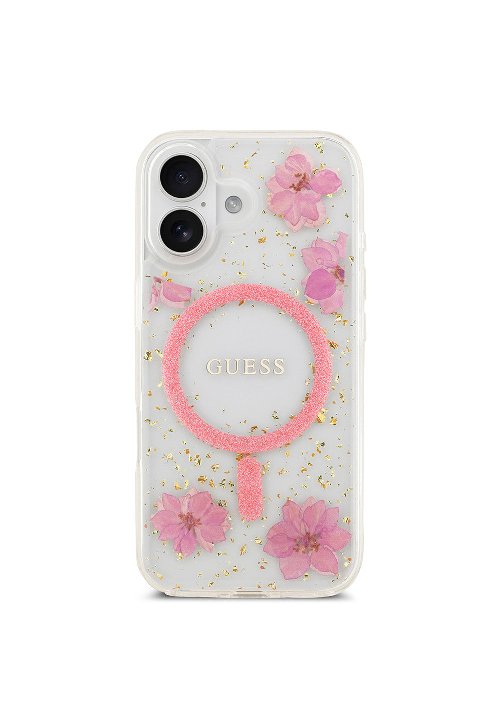Apple iPhone 17 Kılıf Guess Orijinal Lisanslı Manyetik Şarj Uyumlu Transparan Resin Flowers Kapak