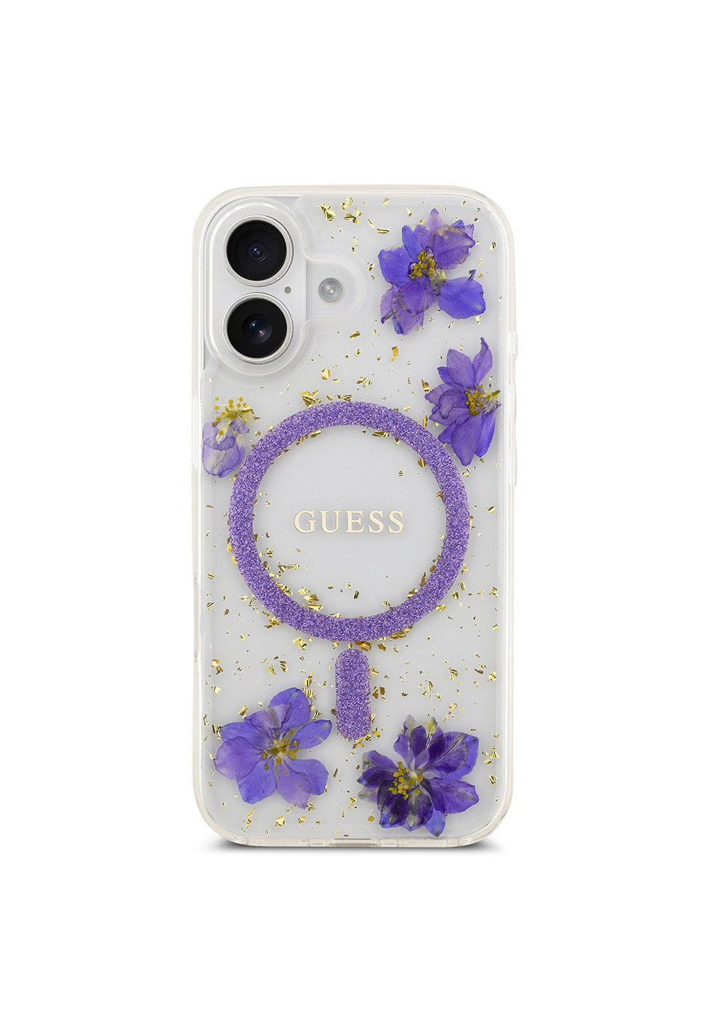 Apple iPhone 17 Kılıf Guess Orijinal Lisanslı Manyetik Şarj Uyumlu Transparan Resin Flowers Kapak