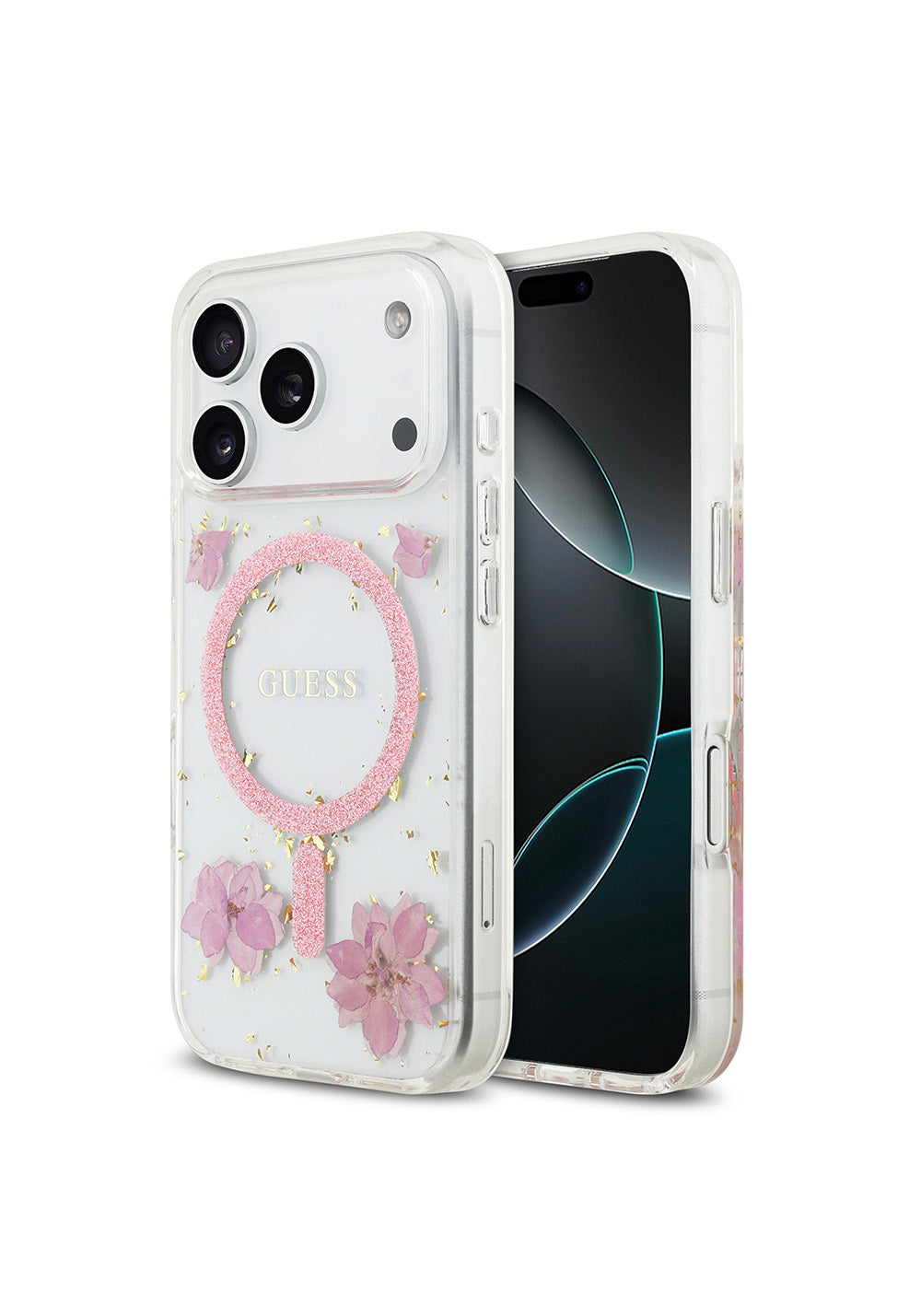 Apple iPhone 17 Pro Kılıf Guess Orijinal Lisanslı Manyetik Şarj Uyumlu Transparan Resin Flowers Kapak