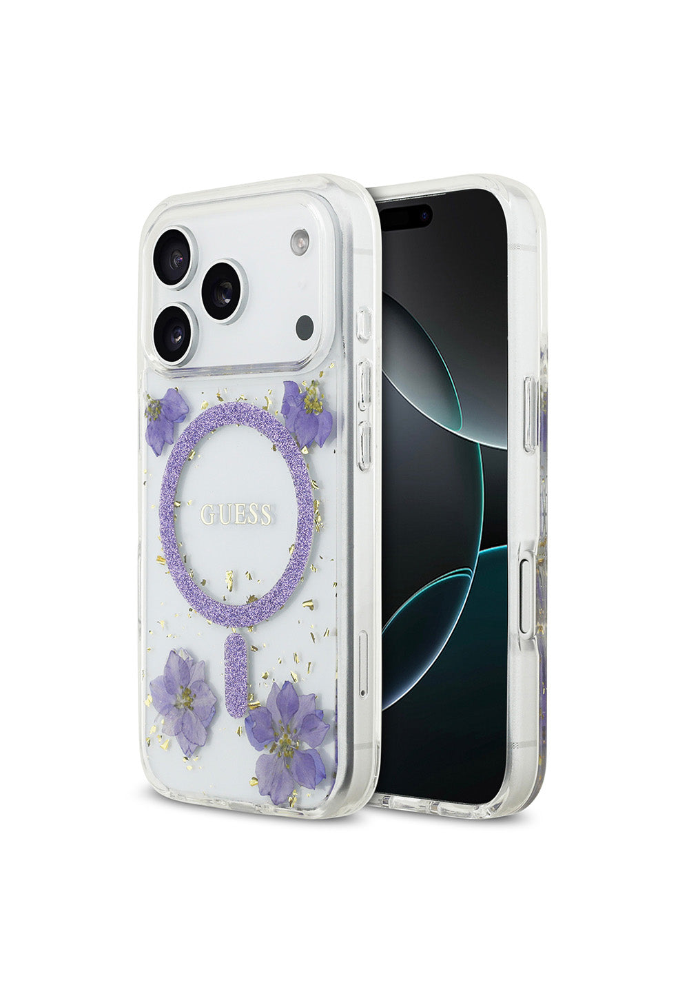 Apple iPhone 17 Pro Kılıf Guess Orijinal Lisanslı Manyetik Şarj Uyumlu Transparan Resin Flowers Kapak