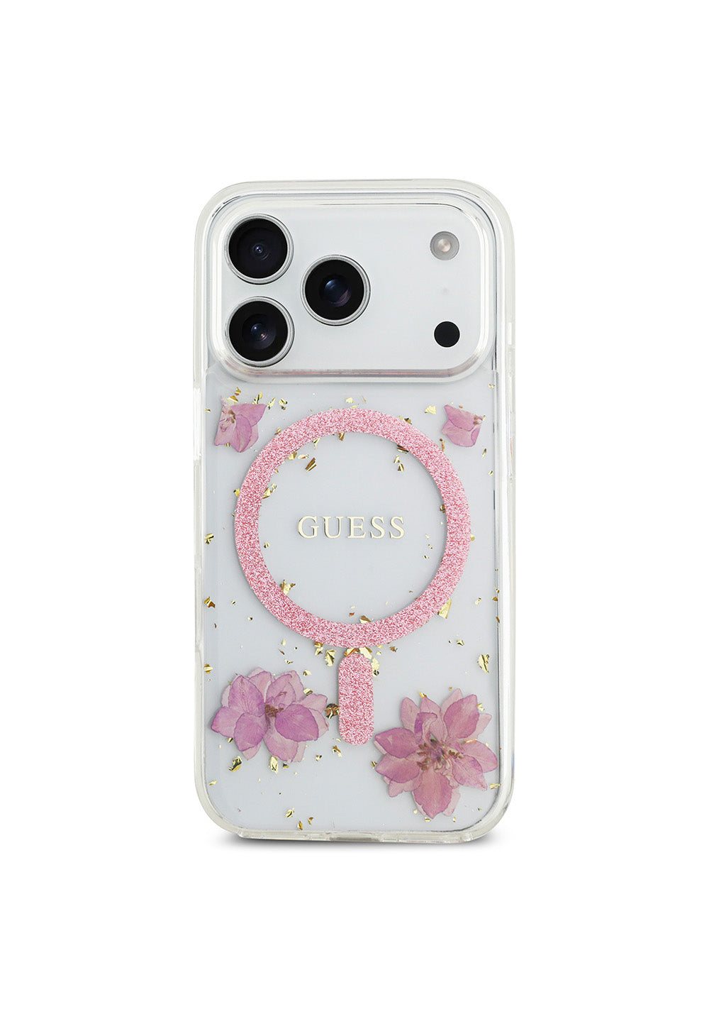 Apple iPhone 17 Pro Kılıf Guess Orijinal Lisanslı Manyetik Şarj Uyumlu Transparan Resin Flowers Kapak