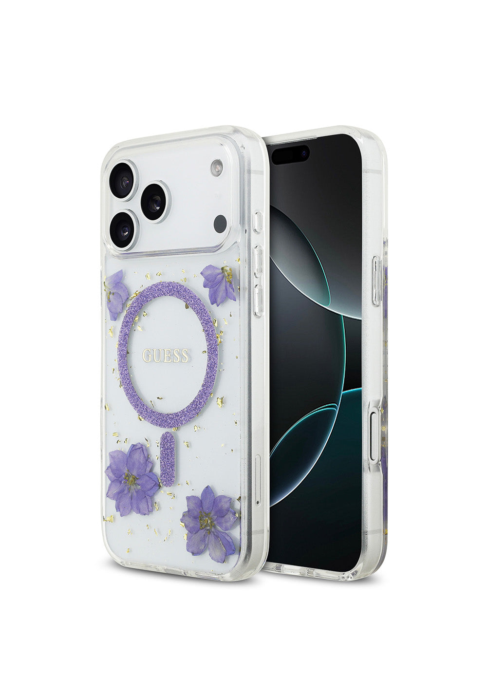 Apple iPhone 17 Pro Max Kılıf Guess Orijinal Lisanslı Manyetik Şarj Uyumlu Transparan Resin Flowers Kapak