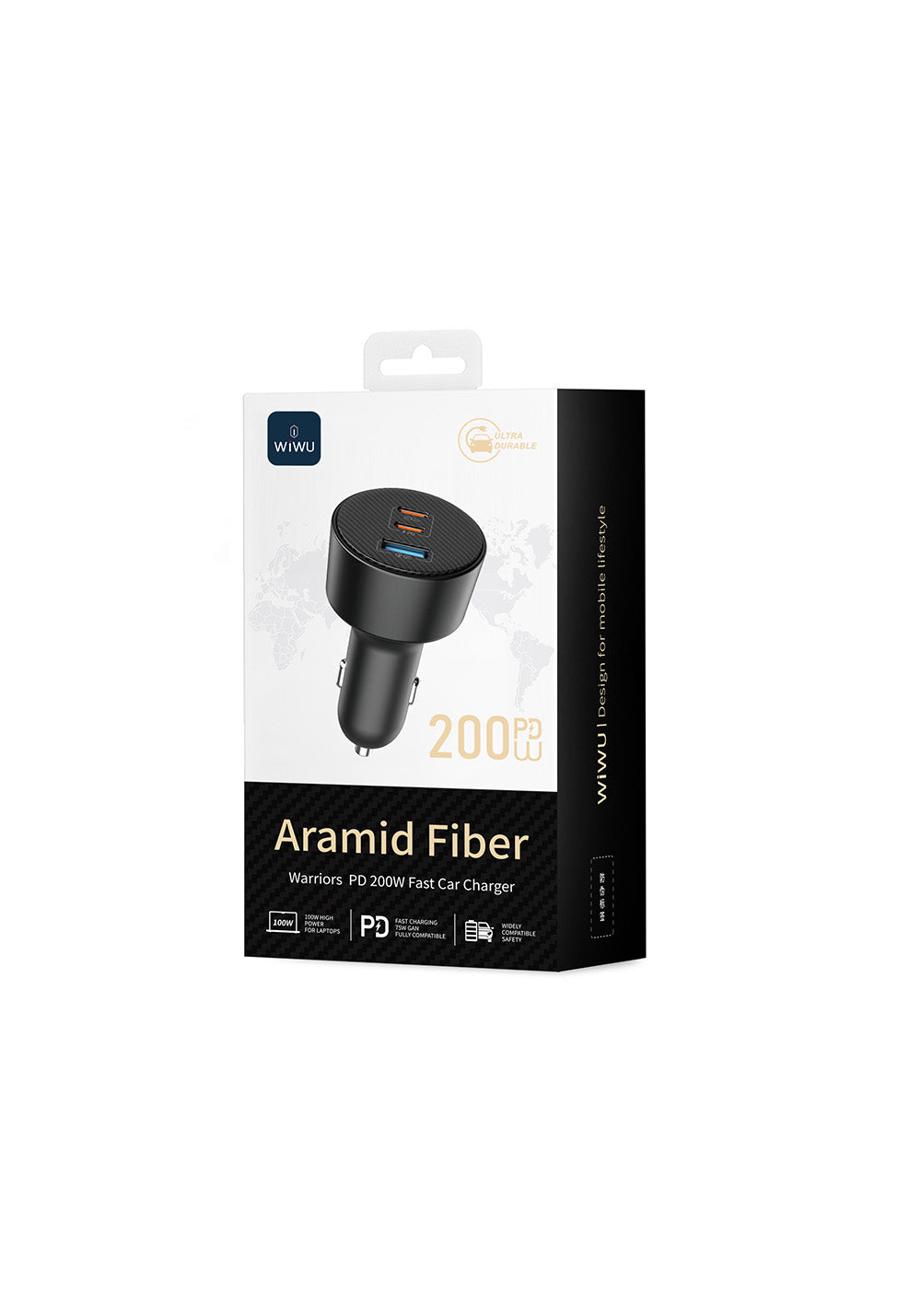 Wiwu Wi-CC026 Hızlı Şarj Özellikli PD Type-C + USB-A Portlu Aramid Fiber Araç Şarj Aleti 200W