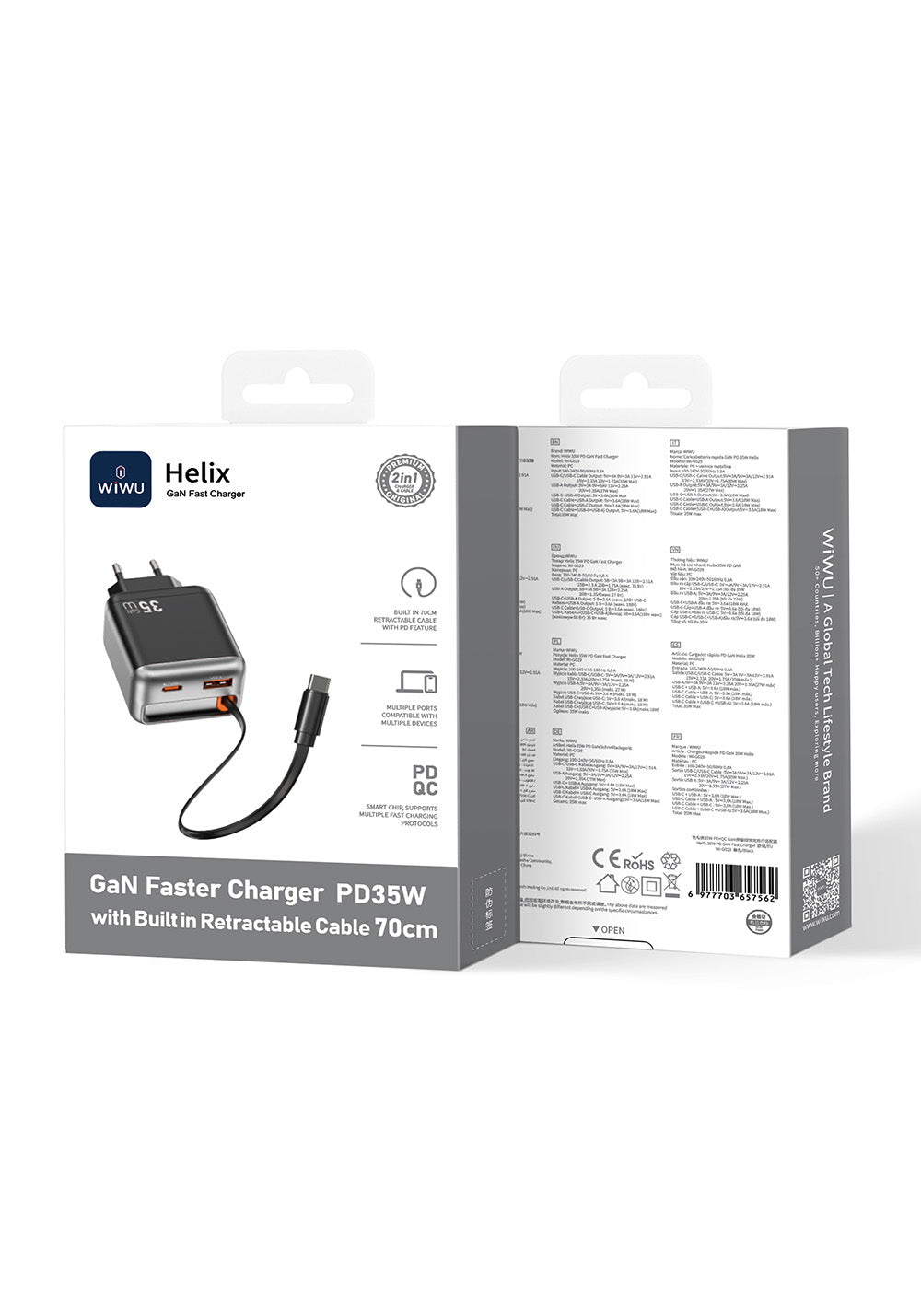 Wiwu Wi-G029 Helix Serisi GaN Teknolojili Hızlı Şarj Başlığı USB-A to Type-C PD 35W Type-C Kablolu Şarj Seti