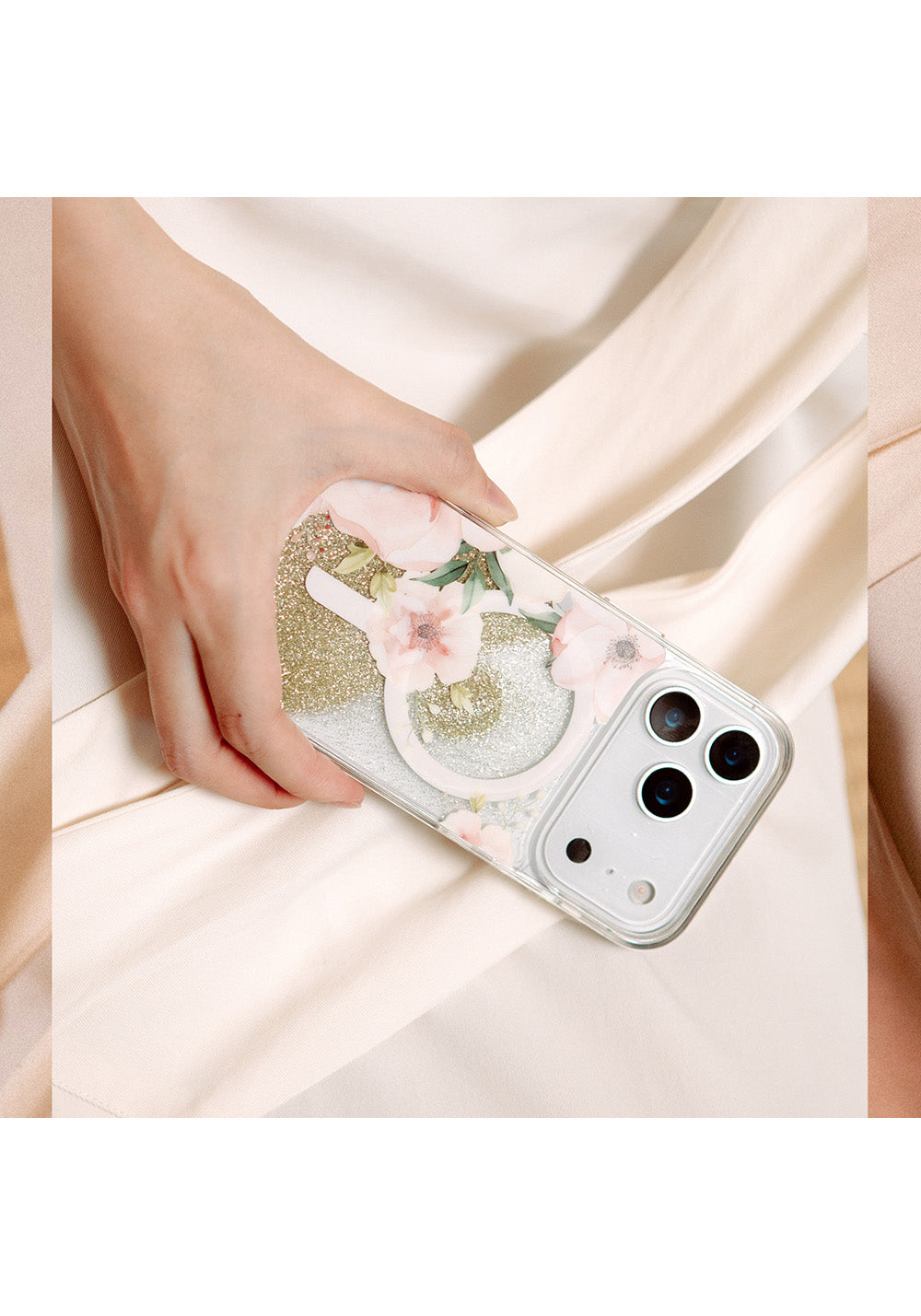 Apple iPhone 17 Pro Max Kılıf Manyetik Şarj Uyumlu Çiçek Desenli Simli Arka Yüzey Coehl Fleurette Kapak