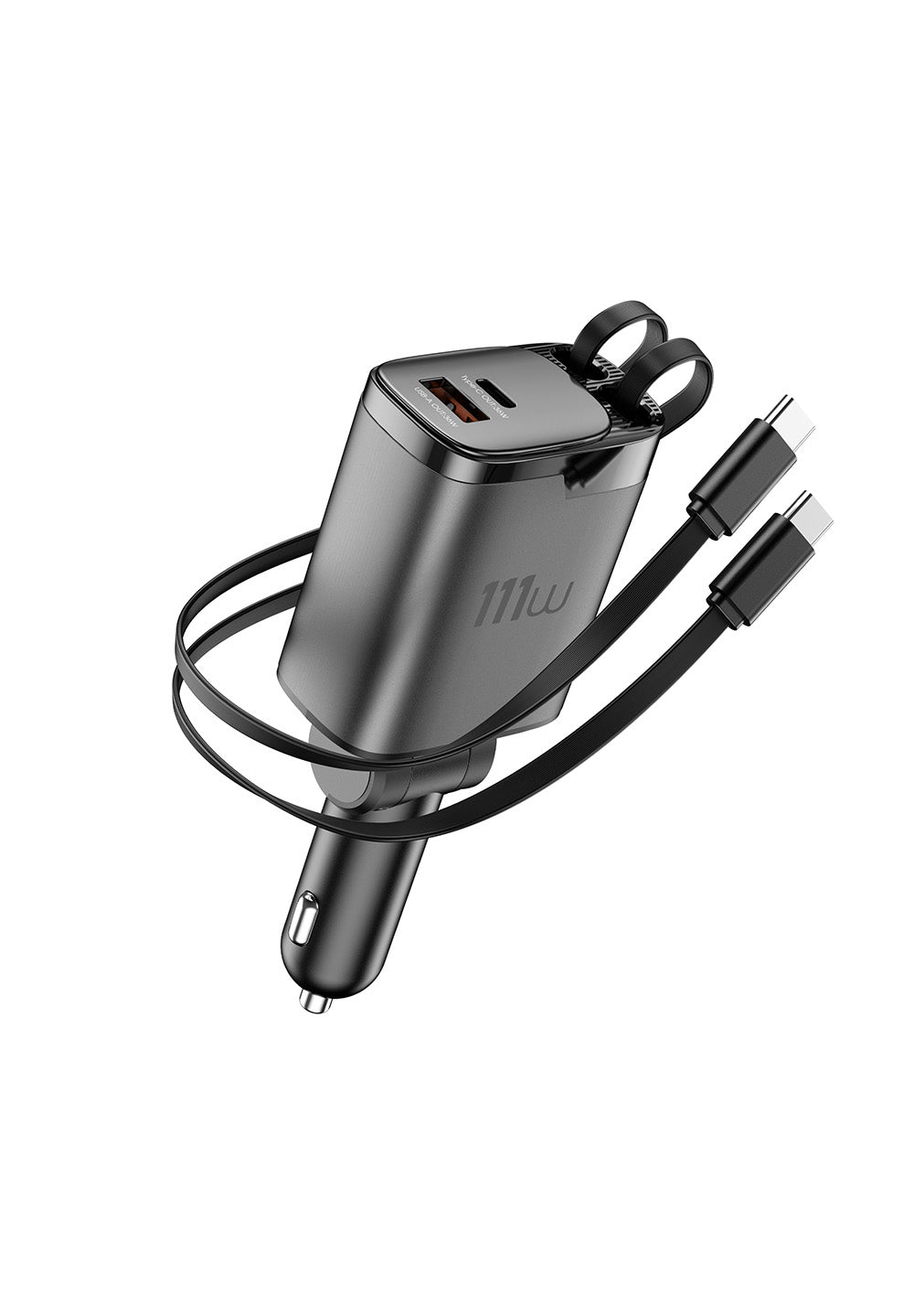 Wiwu Wi-CC034 Type-C + USB-A Hızlı Şarj Özellikli GaN Teknolojili Dahili Kablolu Araç Şarj Aleti 111W