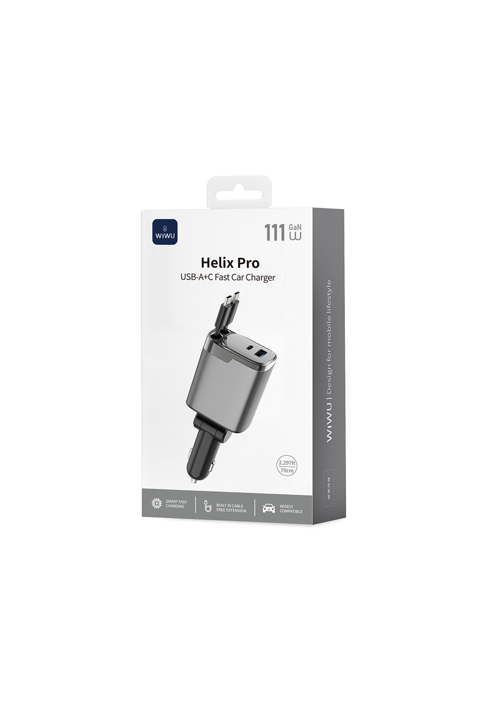 Wiwu Wi-CC034 Type-C + USB-A Hızlı Şarj Özellikli GaN Teknolojili Dahili Kablolu Araç Şarj Aleti 111W