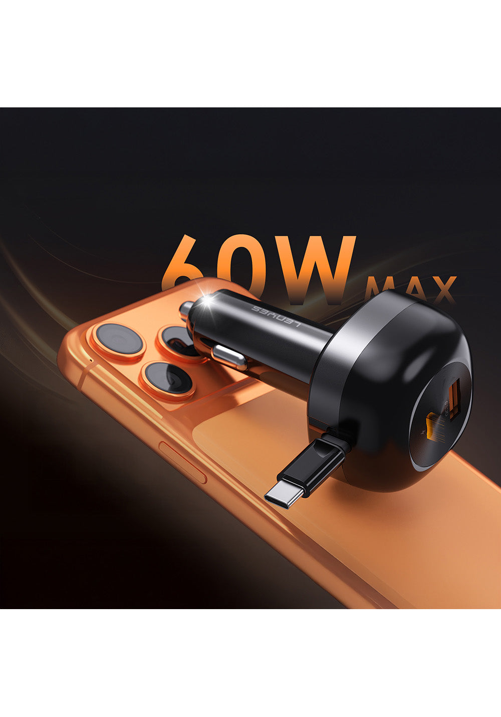 Lenyes CA59 Type-C Kablolu Hızlı Şarj Özellikli Type-C + USB-A Portlu Araç Şarj Aleti PD 60W