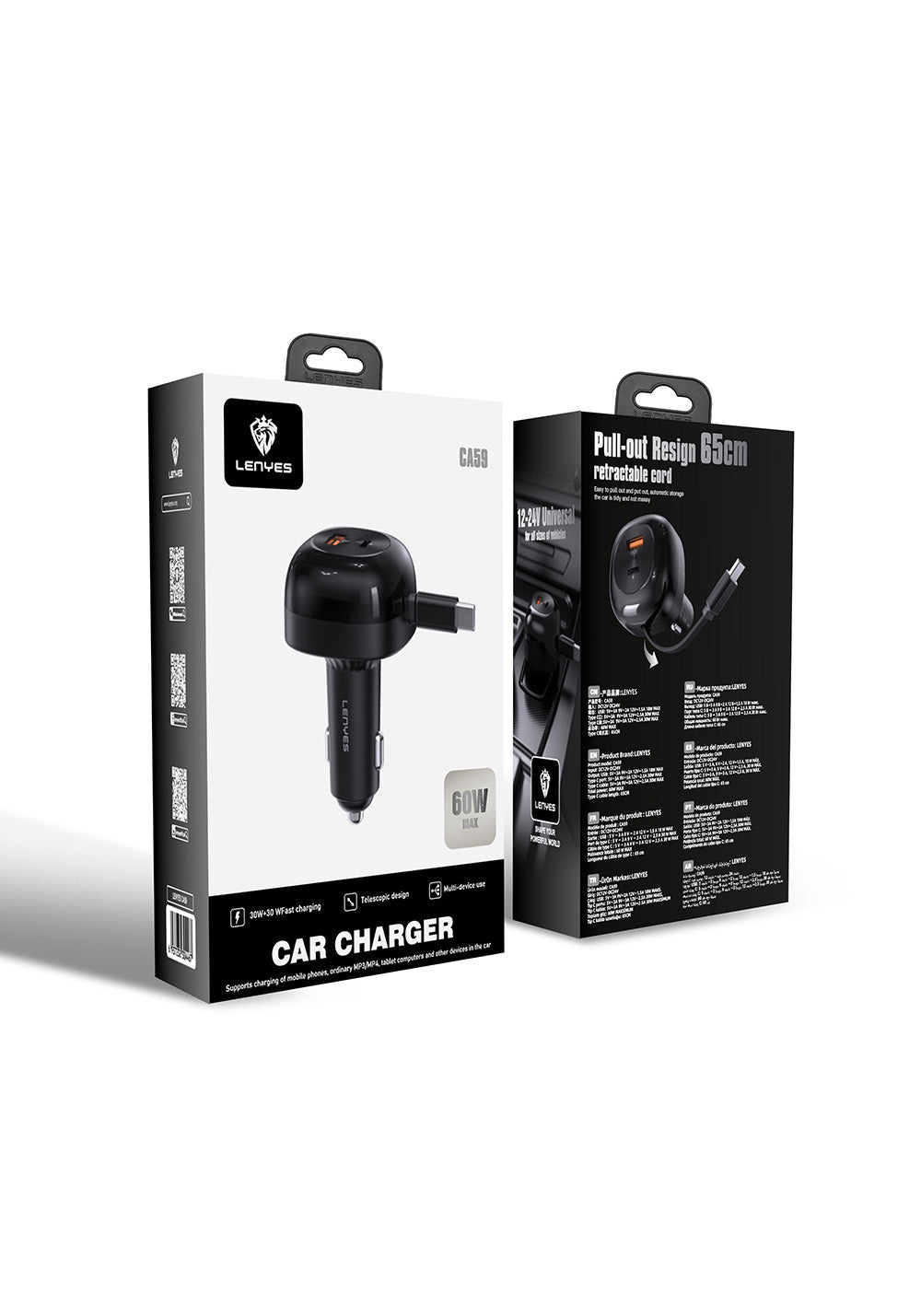 Lenyes CA59 Type-C Kablolu Hızlı Şarj Özellikli Type-C + USB-A Portlu Araç Şarj Aleti PD 60W