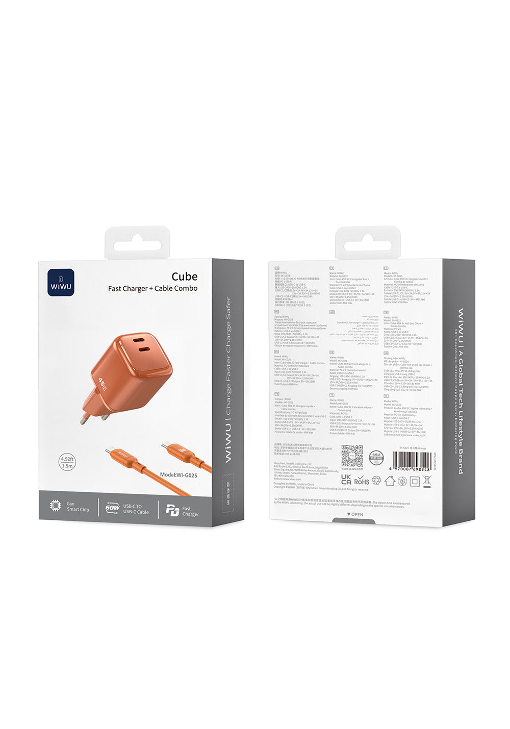 Wiwu Wi-G025 Cube Serisi Type-C to Type-C GaN Tech Hızlı Şarj Özellikli Kablolu Şarj Seti 45W
