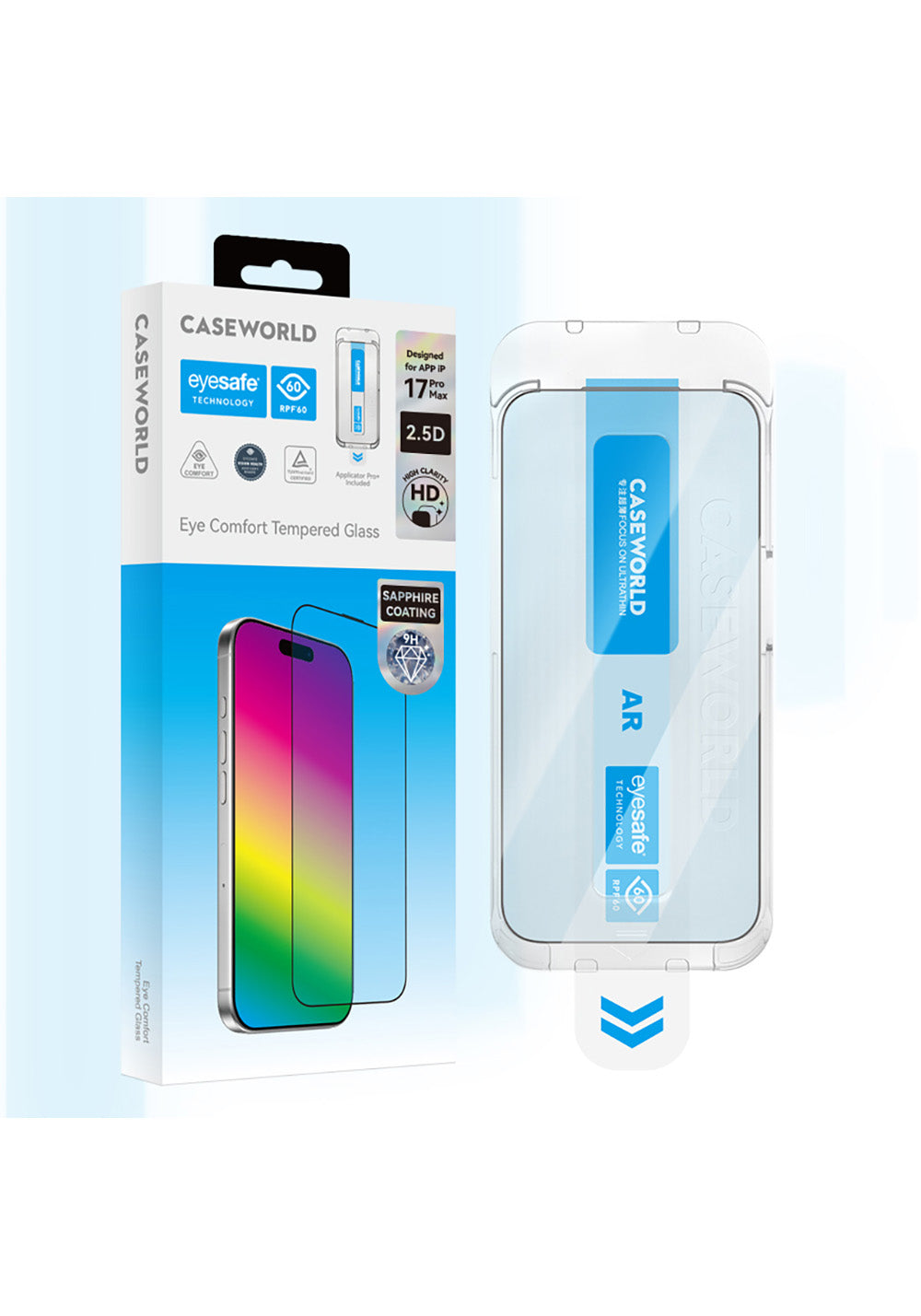 Apple iPhone 17 CaseWorld Applicator Serisi 2.5D Eyesafe Mavi Işık Teknolojili Safir 0.33mm Temperli Cam Ekran Koruyucu + Uygulama Aparatı