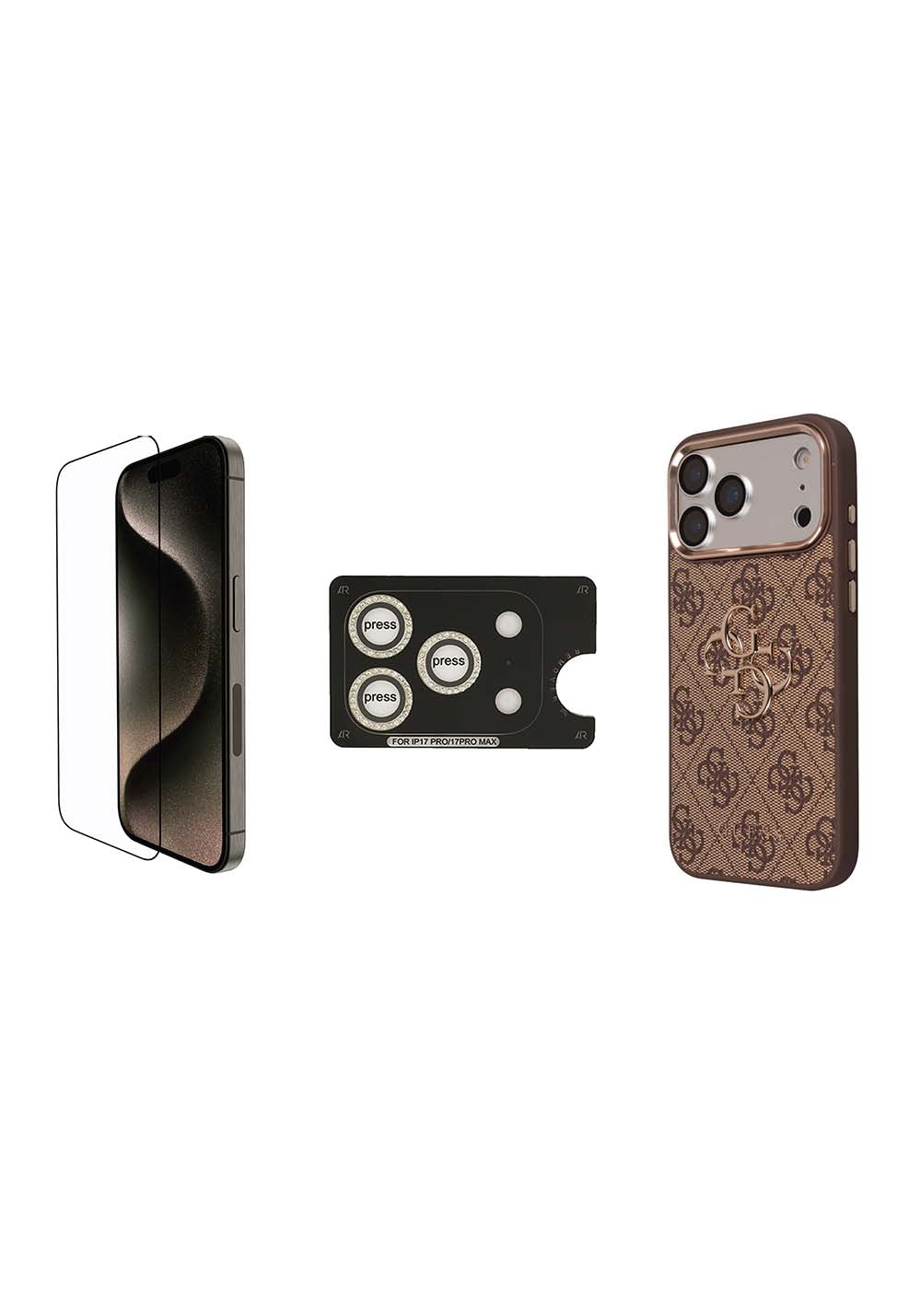 Apple iPhone 17 Pro Guess Orijinal Lisanslı Büyük 4G ve Yazı Logolu Kılıf + Ekran Koruyucu + Lens Koruyucu 3in1 Aksesuar Seti