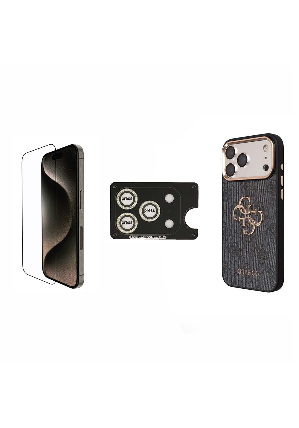 Apple iPhone 17 Pro Max Guess Orijinal Lisanslı Büyük 4G ve Yazı Logolu Kılıf + Ekran Koruyucu + Lens Koruyucu 3in1 Aksesuar Seti