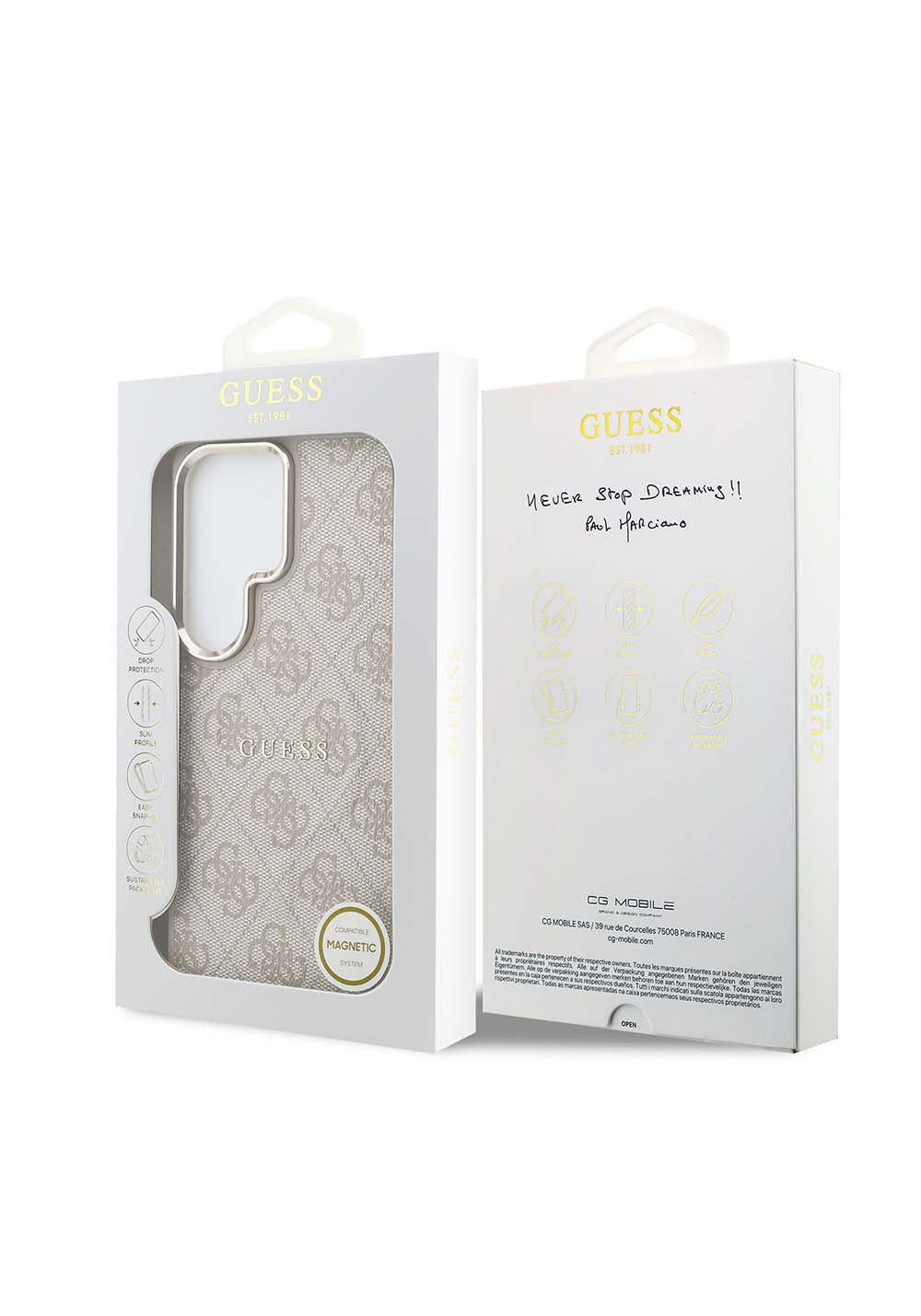 Galaxy S26 Ultra Kılıf Guess Orijinal Lisanslı Manyetik Şarj Uyumlu Metal Kamera Çerçeveli PU Deri 4G Desenli Yazı Logolu Kapak