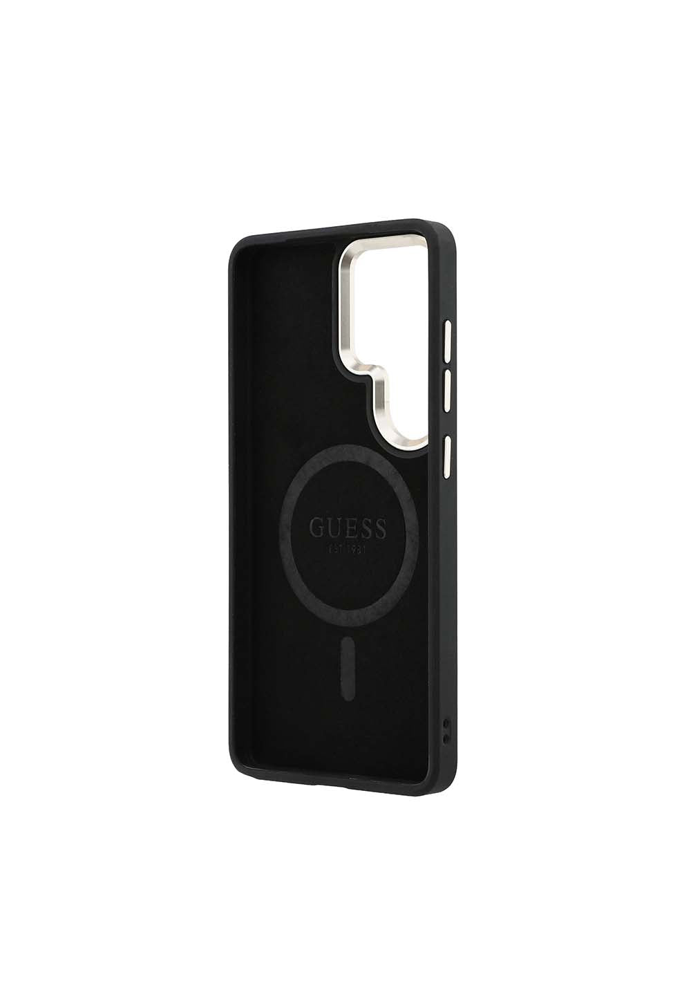 Galaxy S26 Ultra Kılıf Guess Orijinal Lisanslı Manyetik Şarj Uyumlu Metal Kamera Çerçeveli PU Deri 4G Desenli Yazı Logolu Kapak