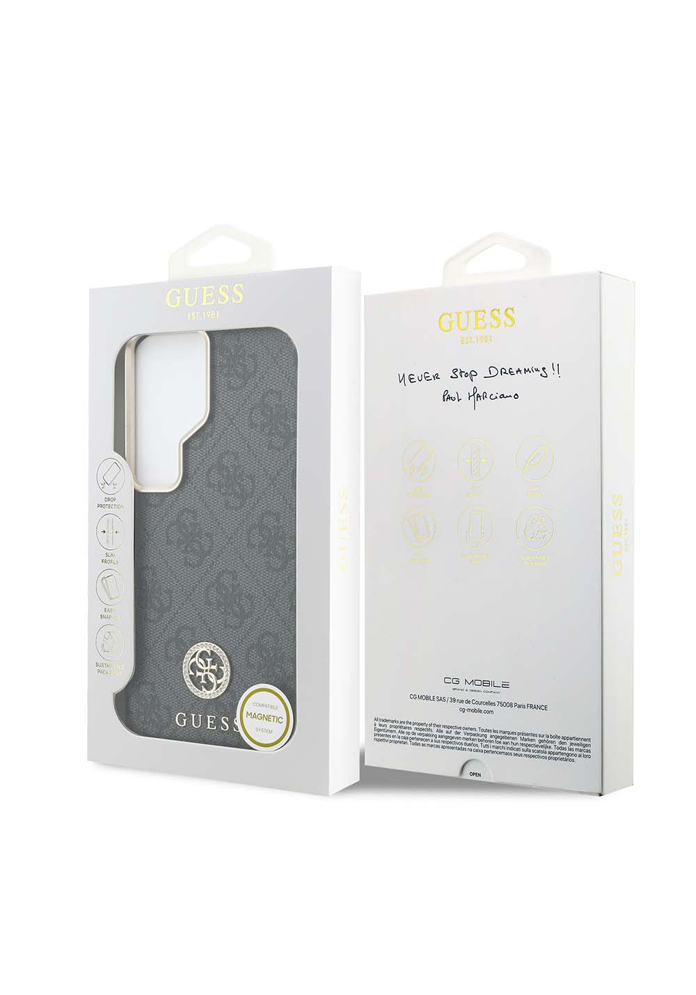 Galaxy S26 Ultra Kılıf Guess Orijinal Lisanslı Manyetik Şarj Uyumlu Gold Metal Kamera Çerçeveli Taşlı 4G Logolu Kapak