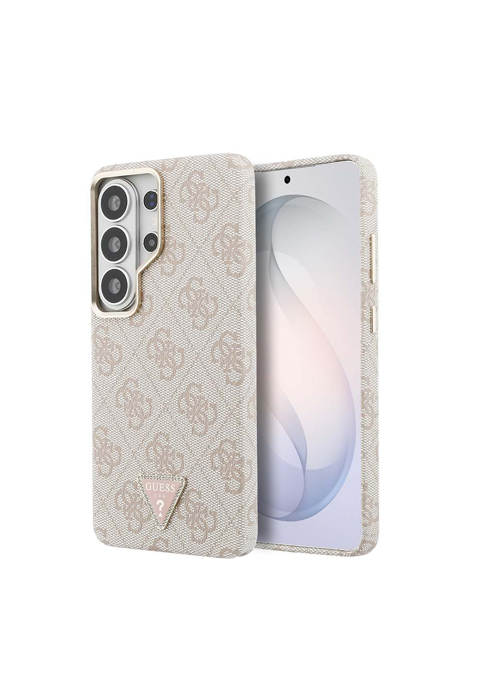 Galaxy S26 Ultra Kılıf Guess Orijinal Lisanslı Manyetik Şarj Uyumlu Gold Metal Kamera Çerçeveli Taşlı Üçgen Logo 4G Desenli Kapak