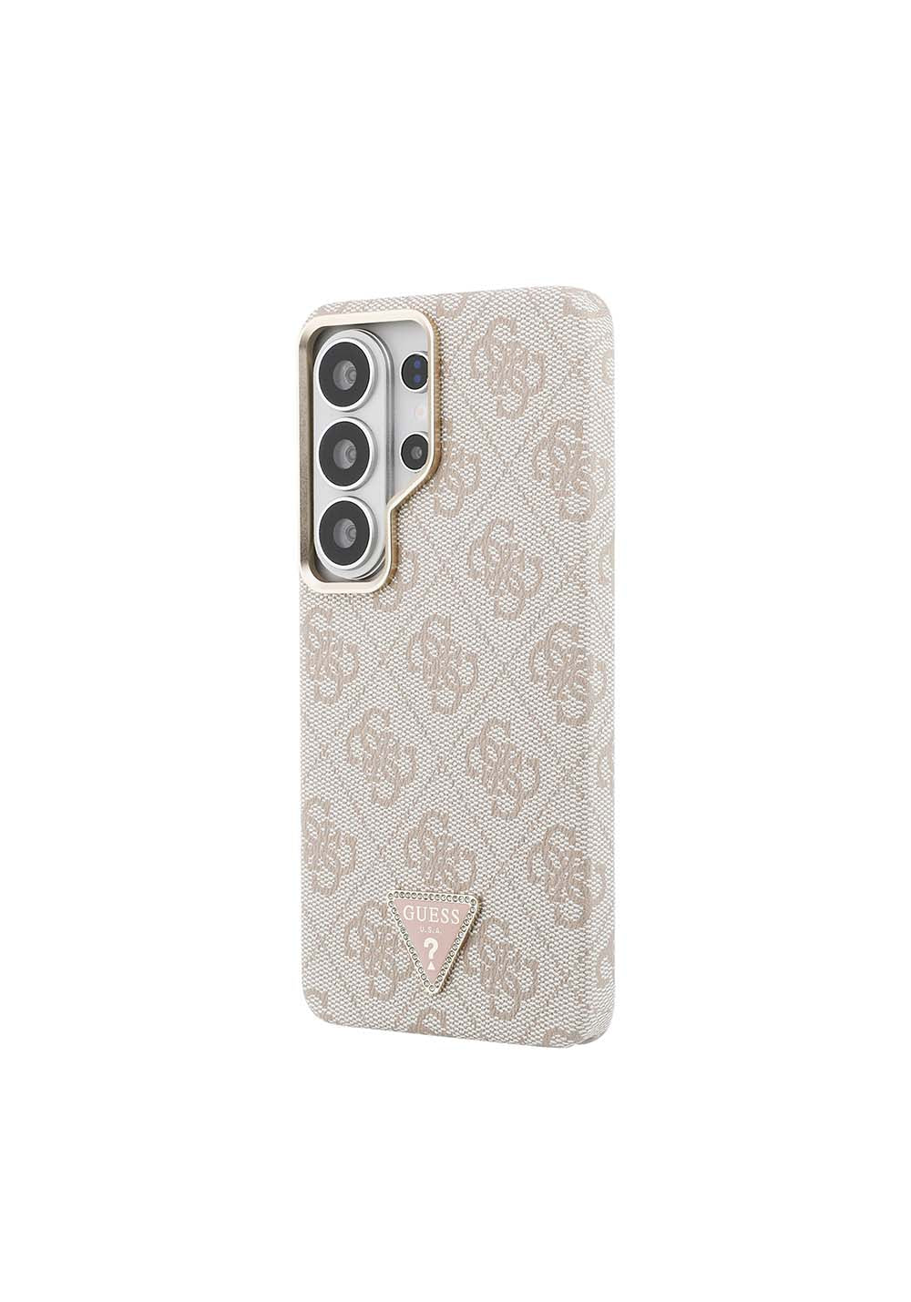 Galaxy S26 Ultra Kılıf Guess Orijinal Lisanslı Manyetik Şarj Uyumlu Gold Metal Kamera Çerçeveli Taşlı Üçgen Logo 4G Desenli Kapak