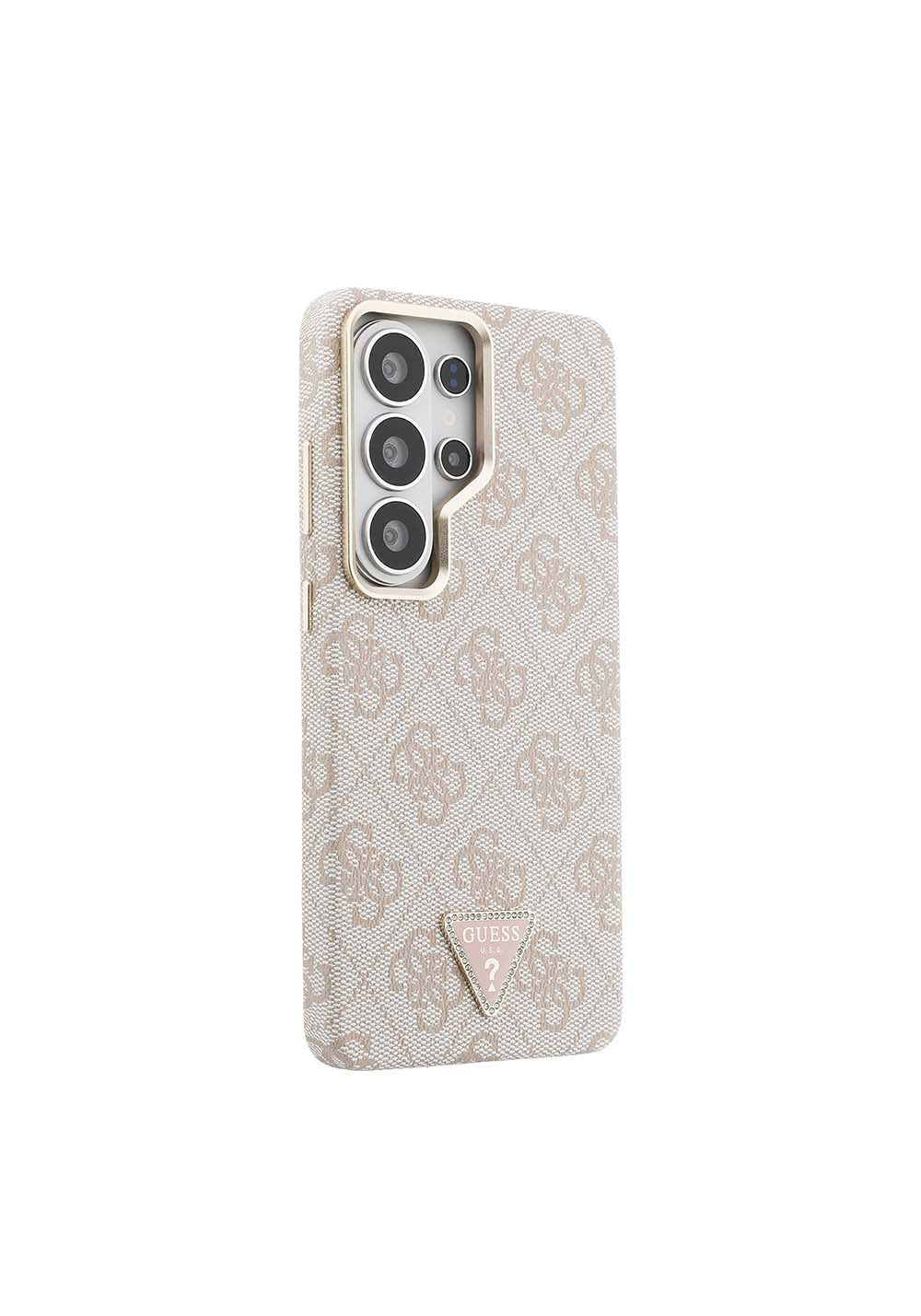 Galaxy S26 Ultra Kılıf Guess Orijinal Lisanslı Manyetik Şarj Uyumlu Gold Metal Kamera Çerçeveli Taşlı Üçgen Logo 4G Desenli Kapak