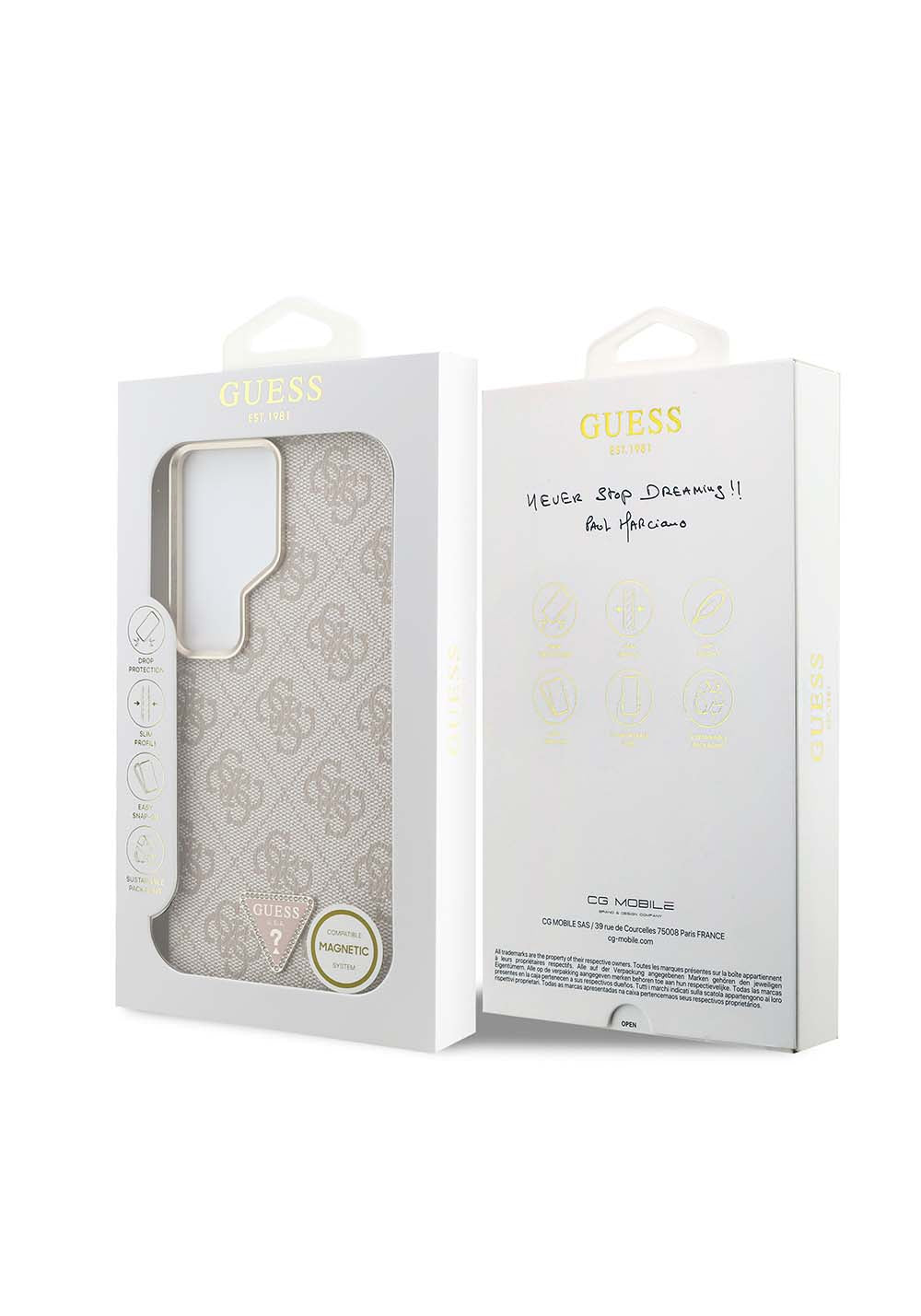 Galaxy S26 Ultra Kılıf Guess Orijinal Lisanslı Manyetik Şarj Uyumlu Gold Metal Kamera Çerçeveli Taşlı Üçgen Logo 4G Desenli Kapak
