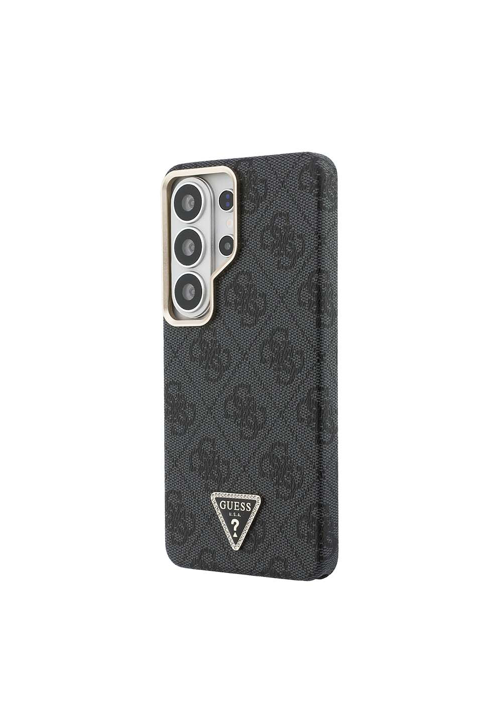 Galaxy S26 Ultra Kılıf Guess Orijinal Lisanslı Manyetik Şarj Uyumlu Gold Metal Kamera Çerçeveli Taşlı Üçgen Logo 4G Desenli Kapak