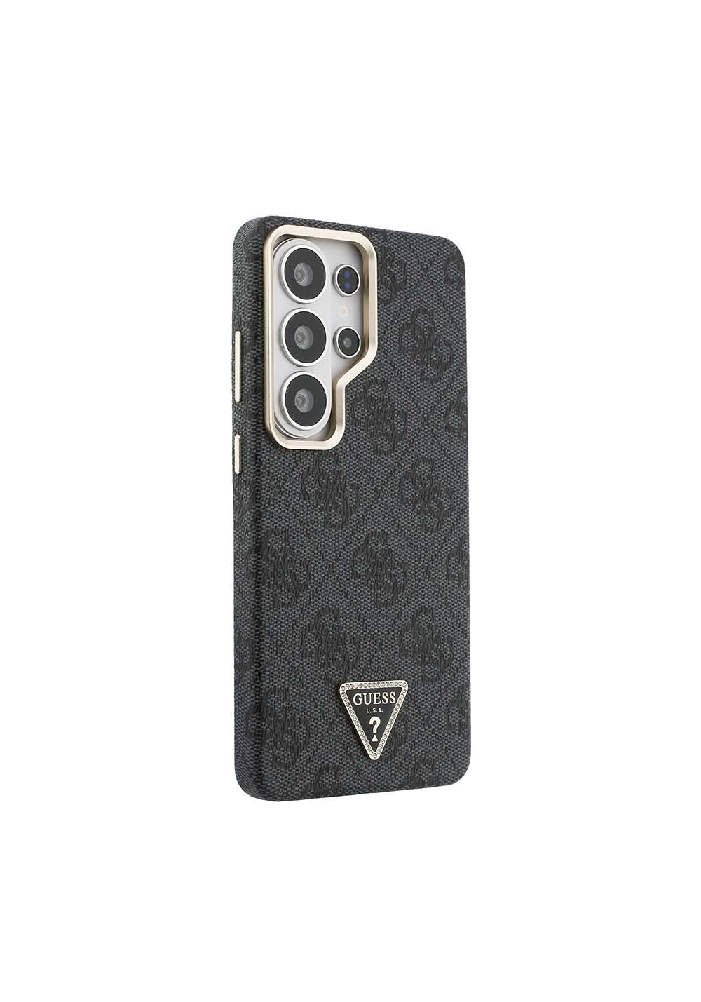 Galaxy S26 Ultra Kılıf Guess Orijinal Lisanslı Manyetik Şarj Uyumlu Gold Metal Kamera Çerçeveli Taşlı Üçgen Logo 4G Desenli Kapak