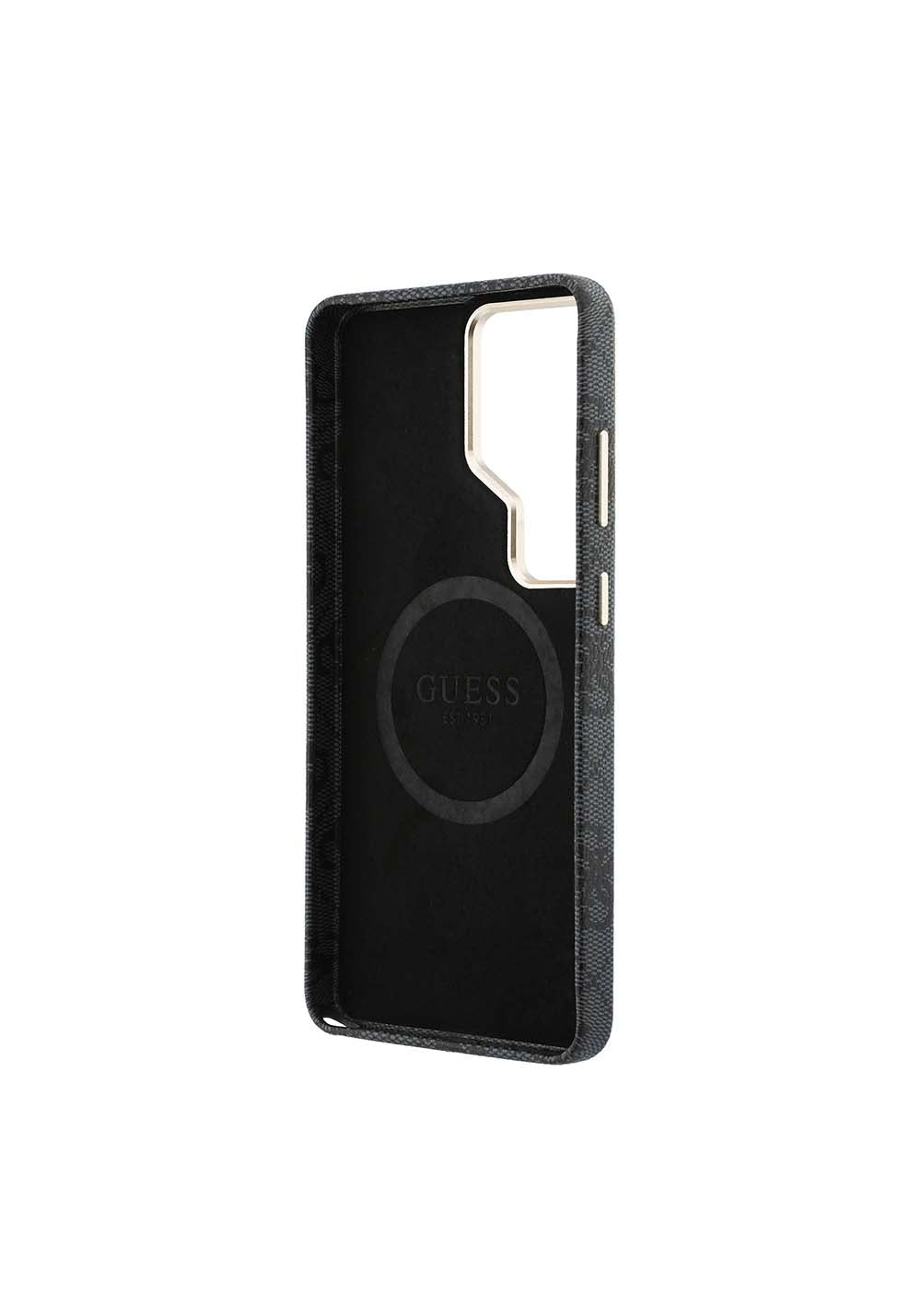 Galaxy S26 Ultra Kılıf Guess Orijinal Lisanslı Manyetik Şarj Uyumlu Gold Metal Kamera Çerçeveli Taşlı Üçgen Logo 4G Desenli Kapak