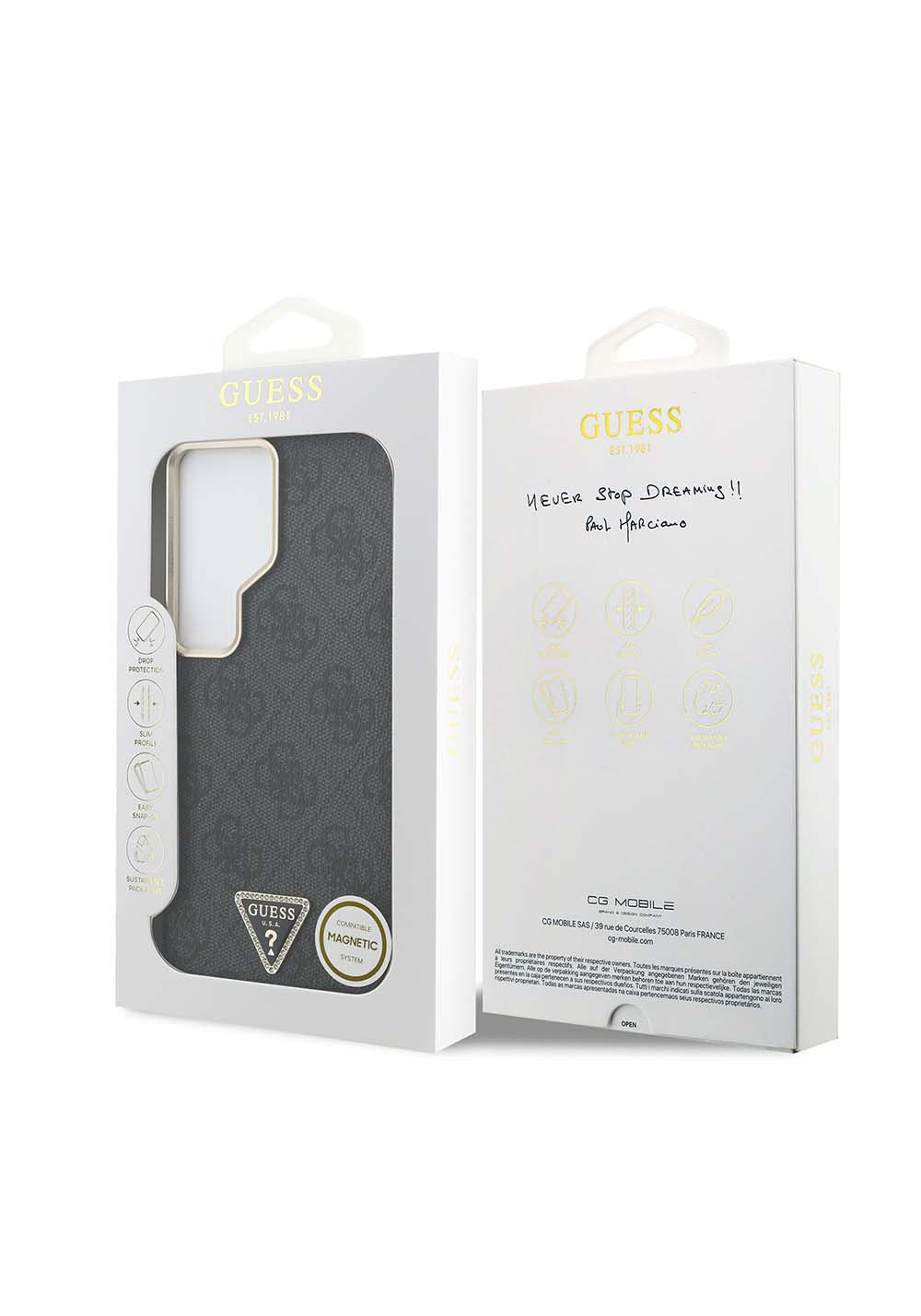 Galaxy S26 Ultra Kılıf Guess Orijinal Lisanslı Manyetik Şarj Uyumlu Gold Metal Kamera Çerçeveli Taşlı Üçgen Logo 4G Desenli Kapak